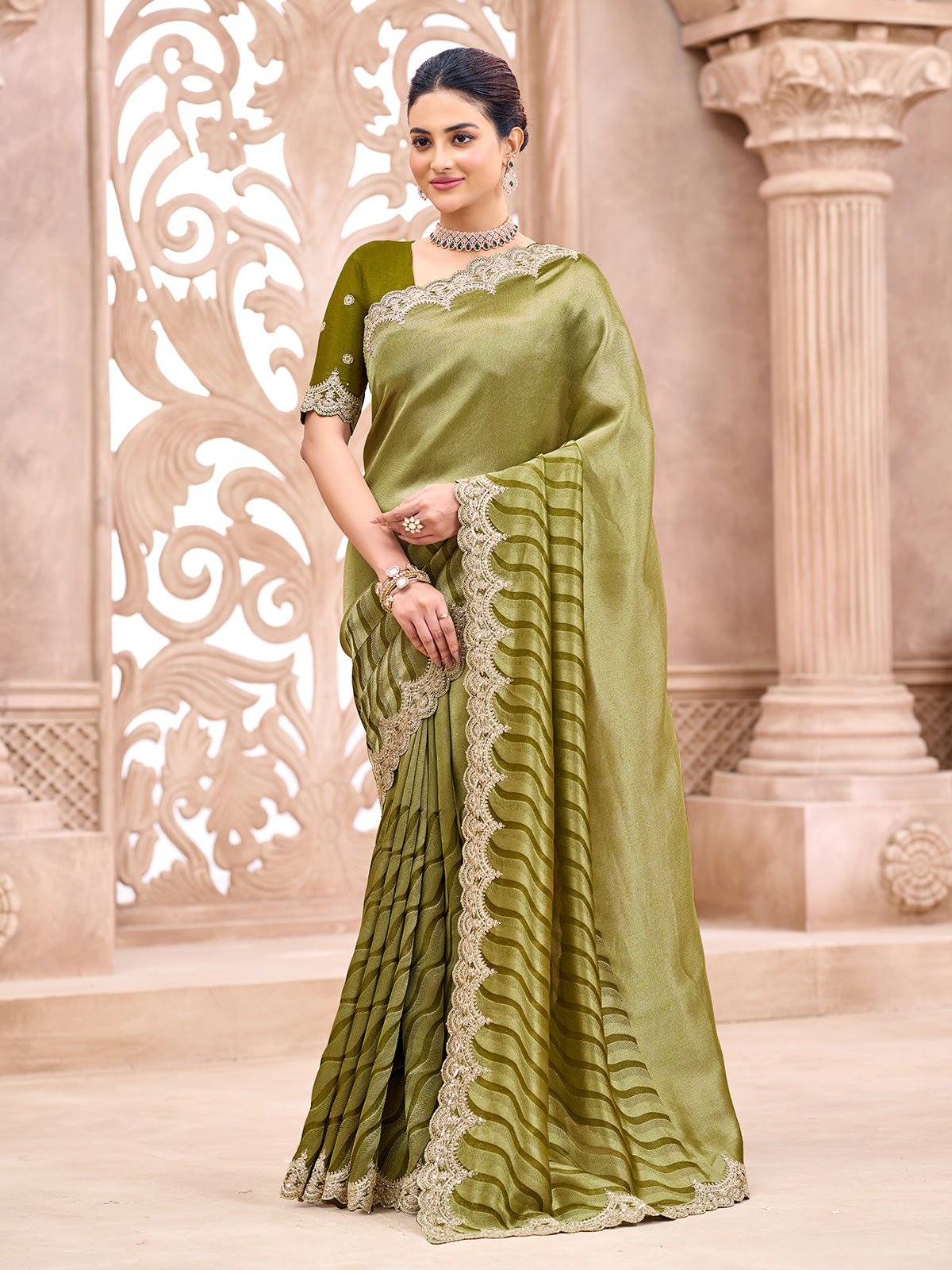 Pastel green embroidered mughal border women saree