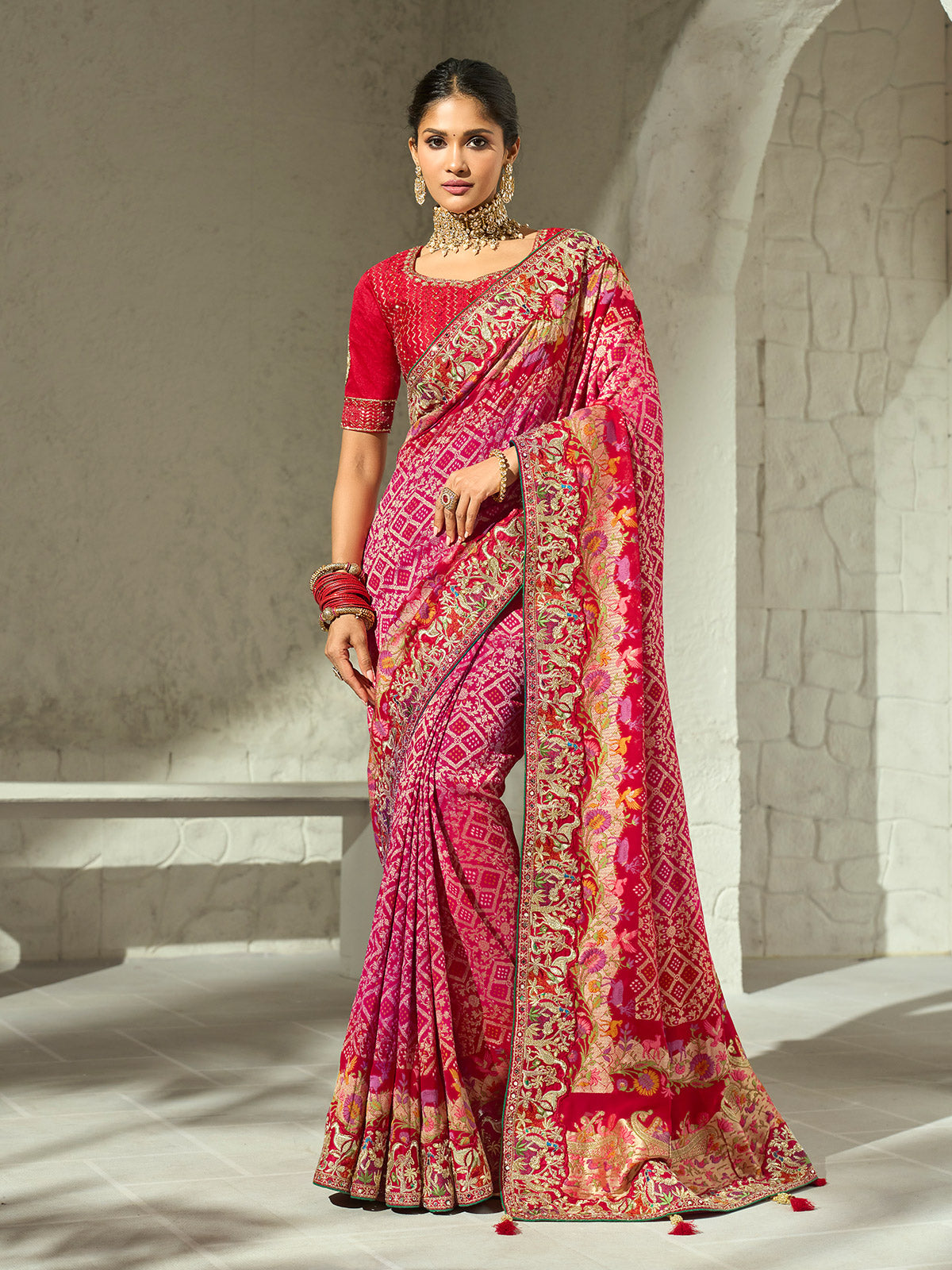 Multicolour gharchola shikargah designer women bandhej saree