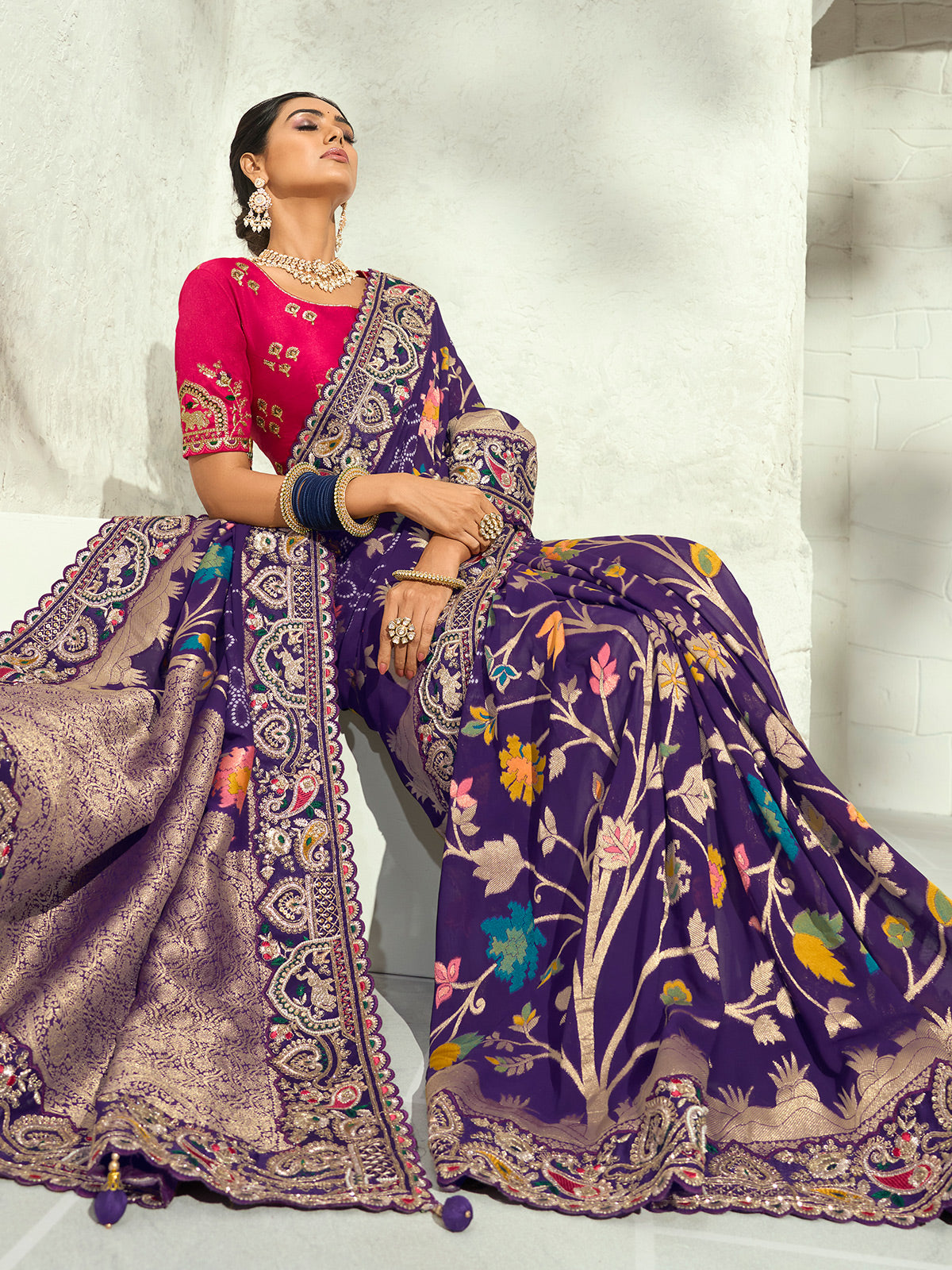 Blue antique zari designer women bandhej bridal saree