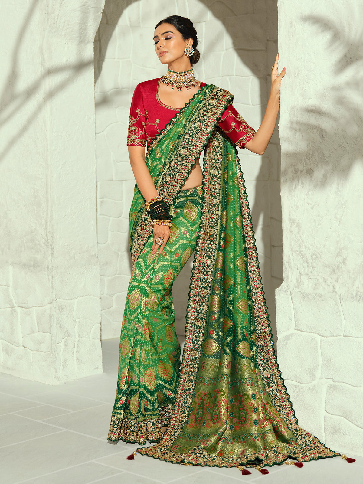 Green Mughal arch shikargah designer women bandhej saree