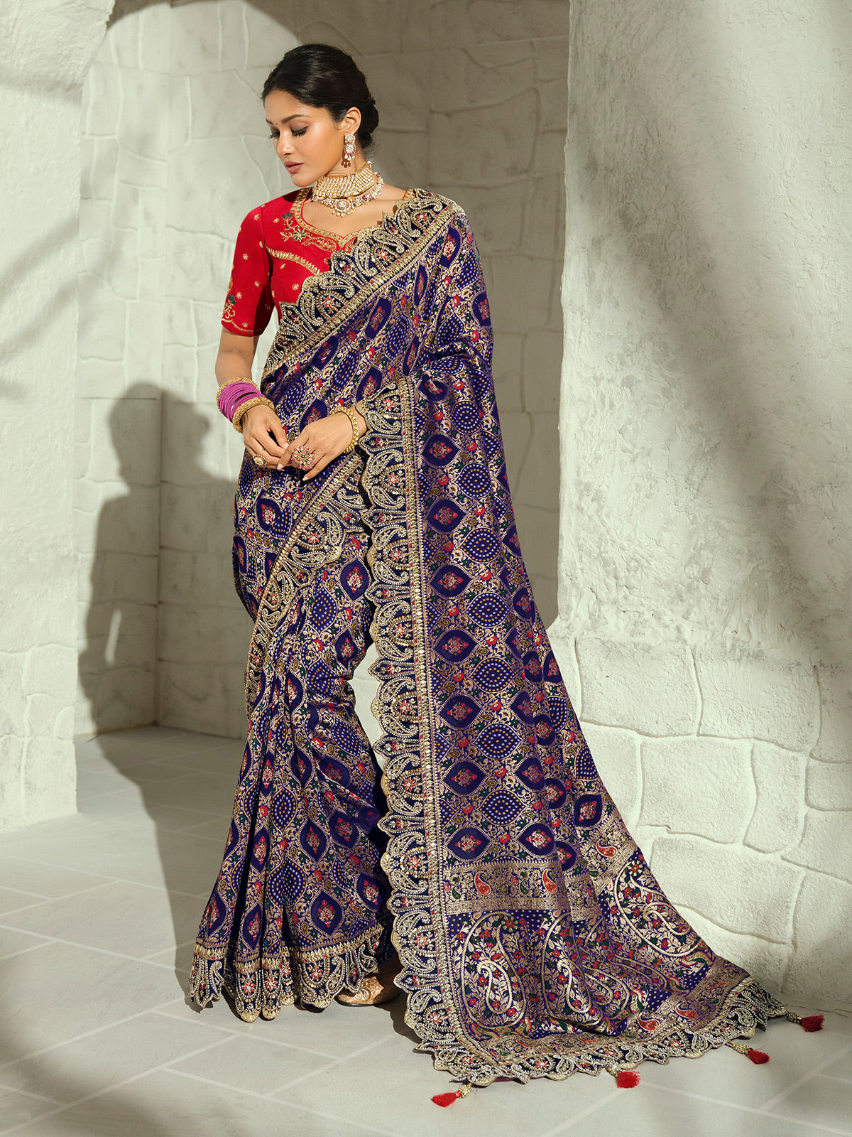 Blue patola kalka designer women bandhej bridal saree
