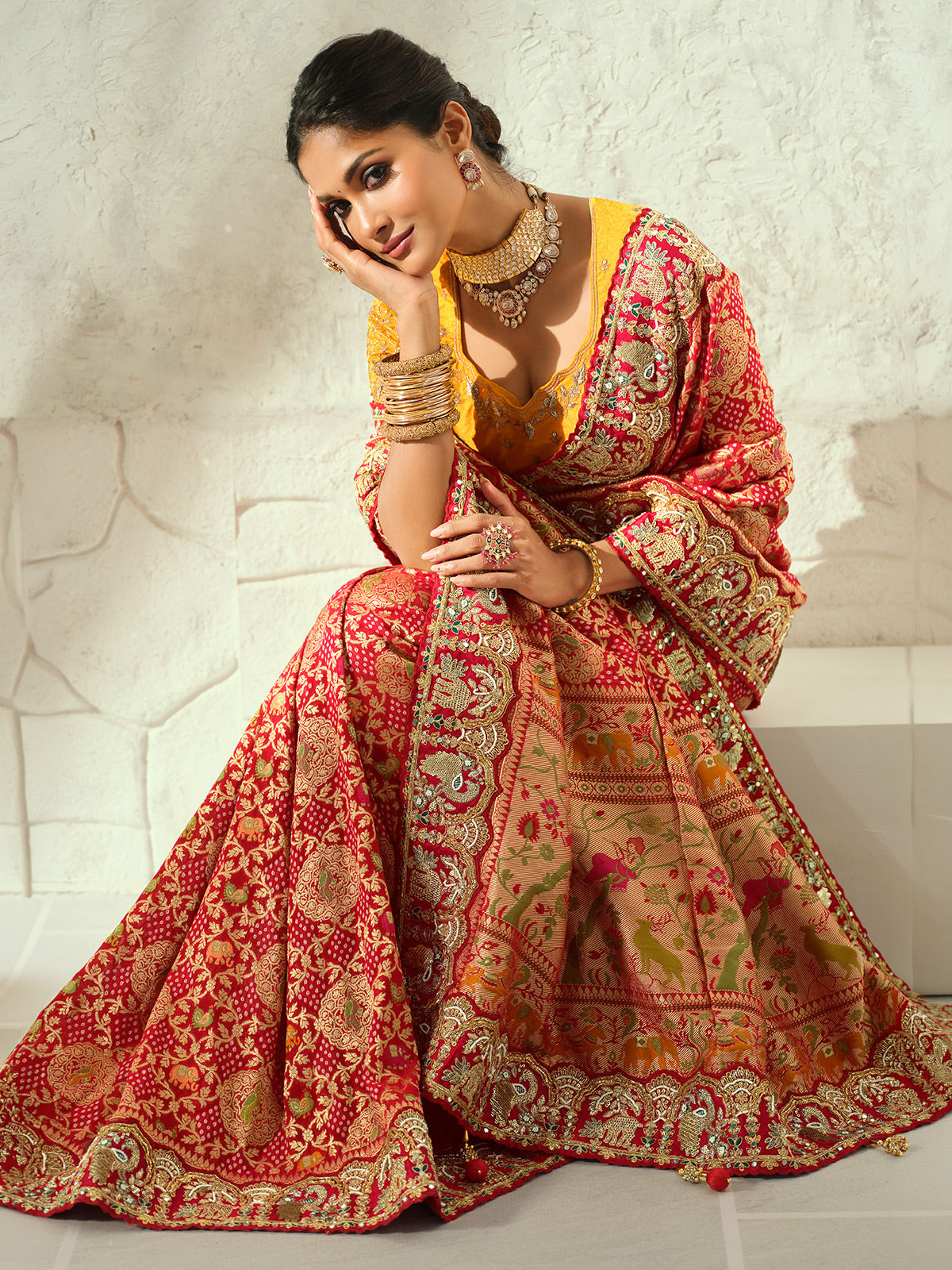 Red royal shikargah designer women bandhej saree