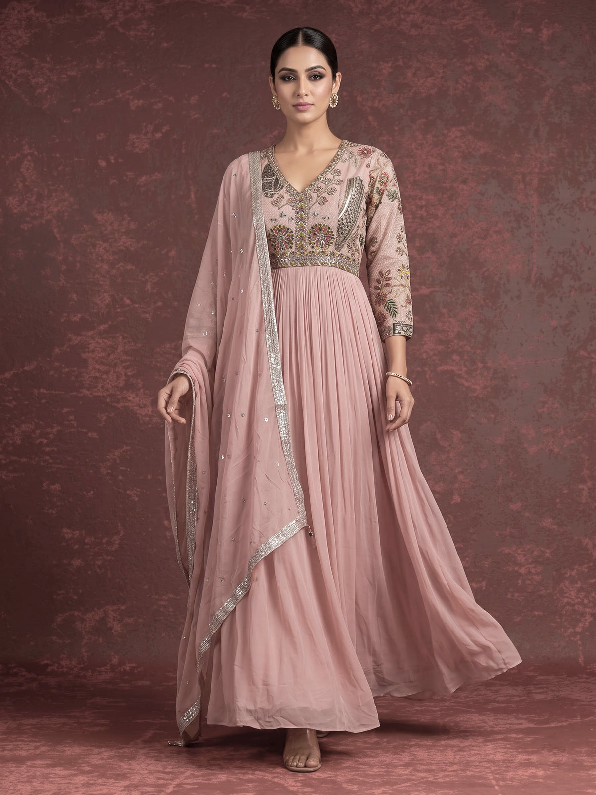 Lilac purple botanical designer women floor length suit
