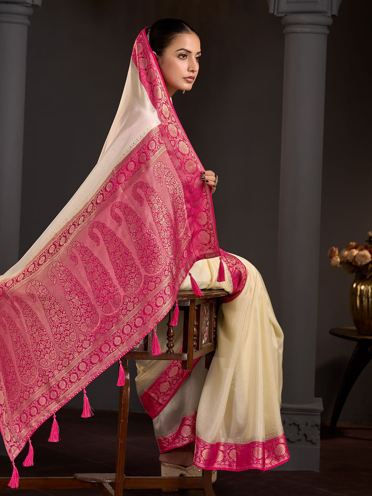 Cream peony paisley zari work women saree