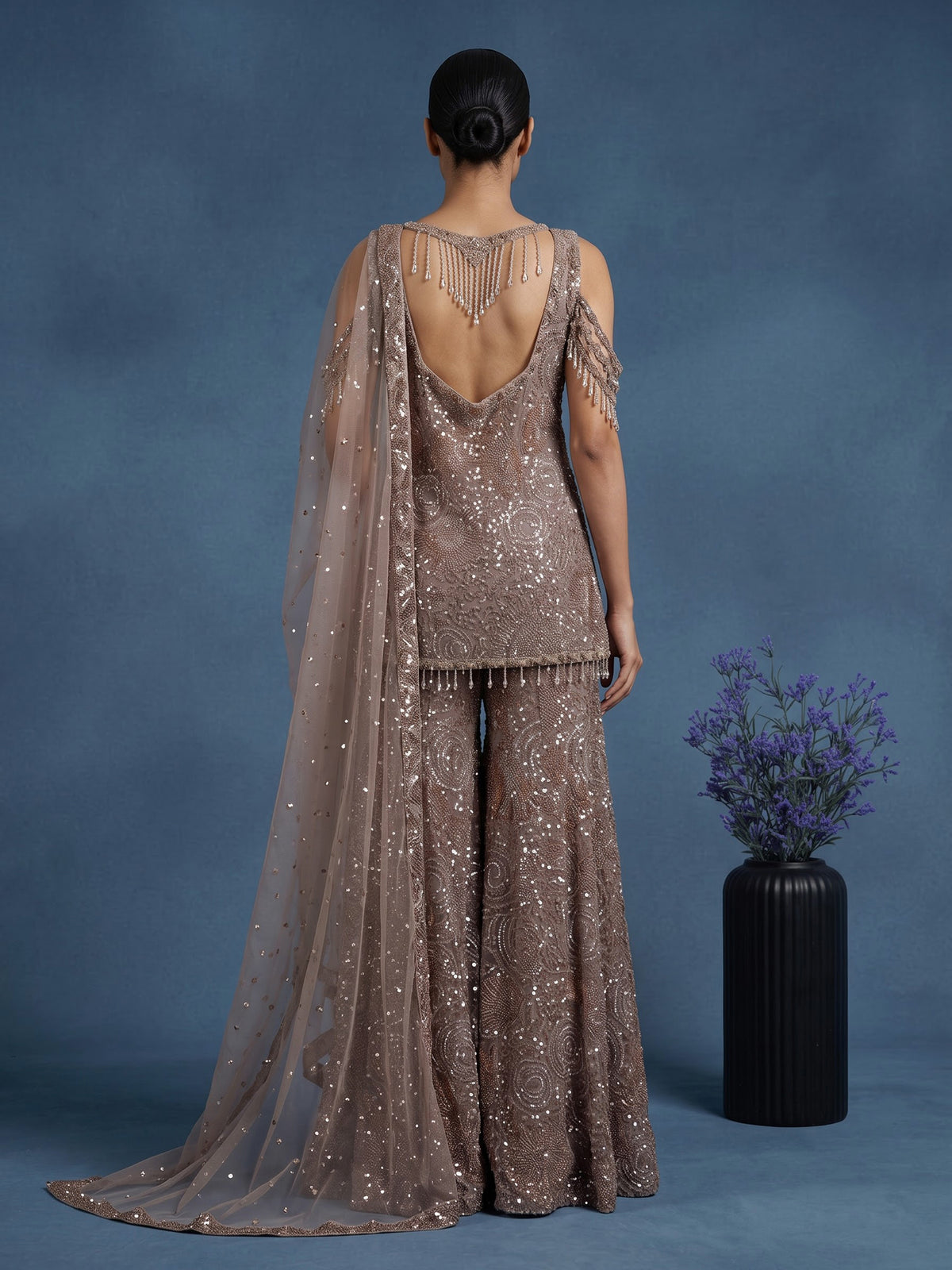 Beige crystal fringe designer women sharara suit