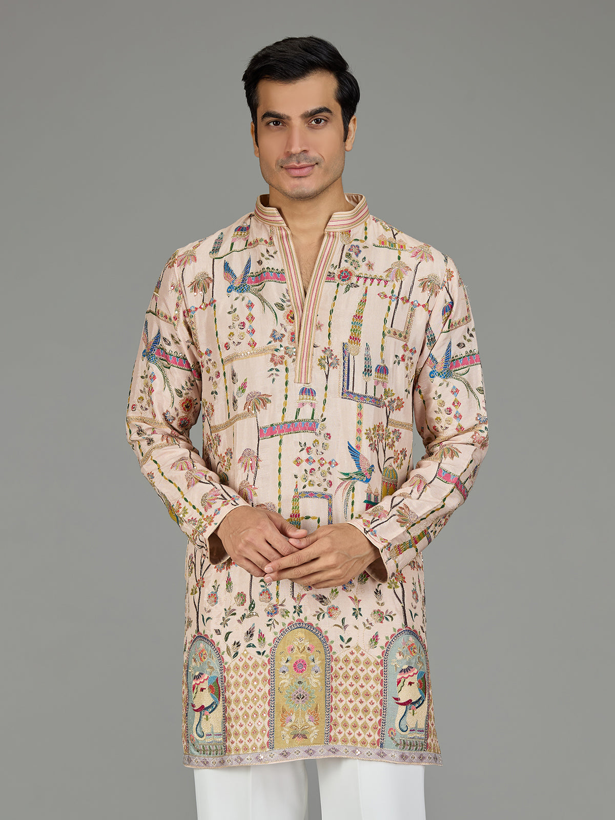 Beige royal scenery print men kurta suit