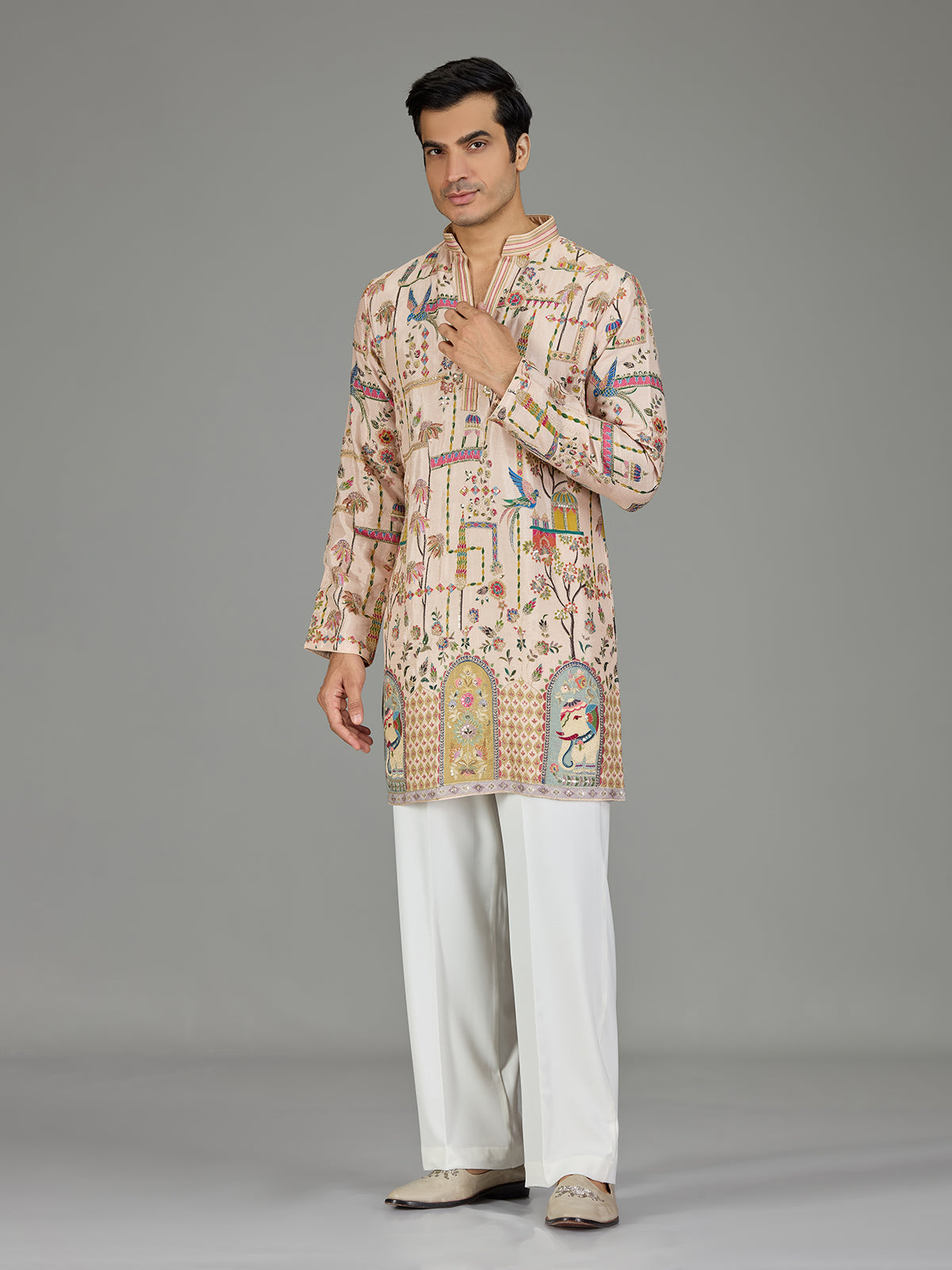Beige royal scenery print men kurta suit