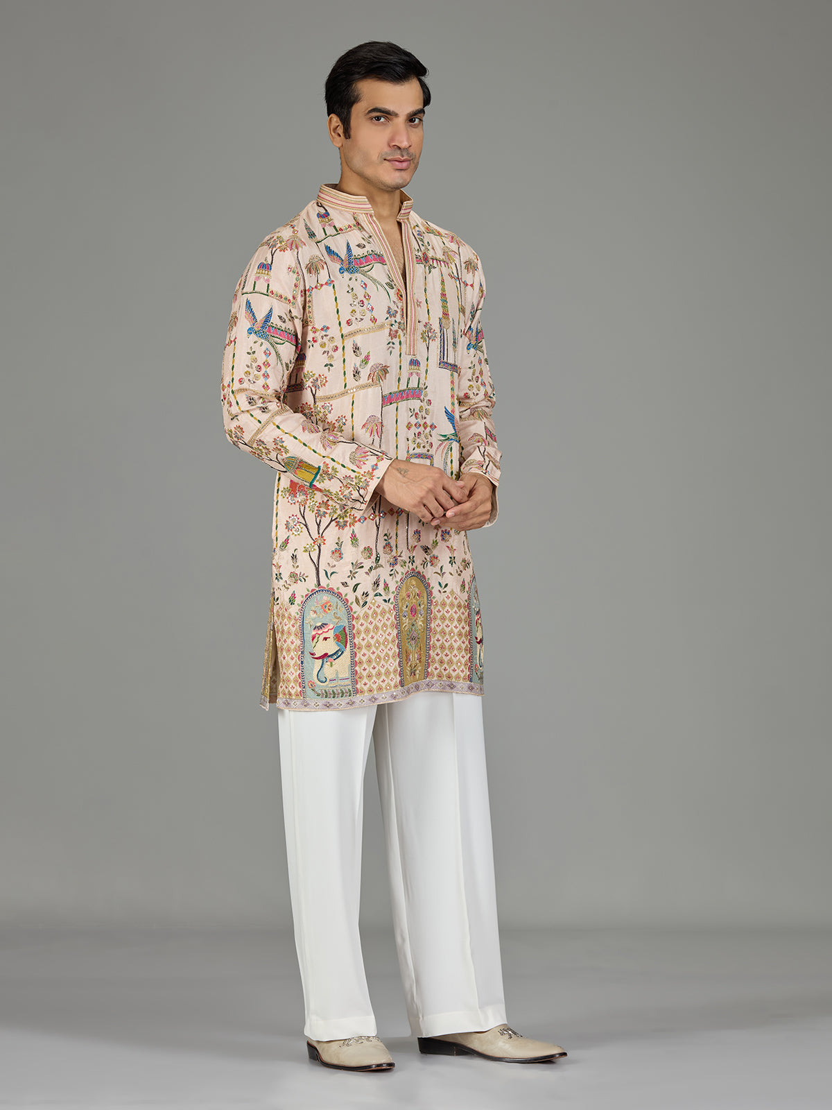 Beige royal scenery print men kurta suit