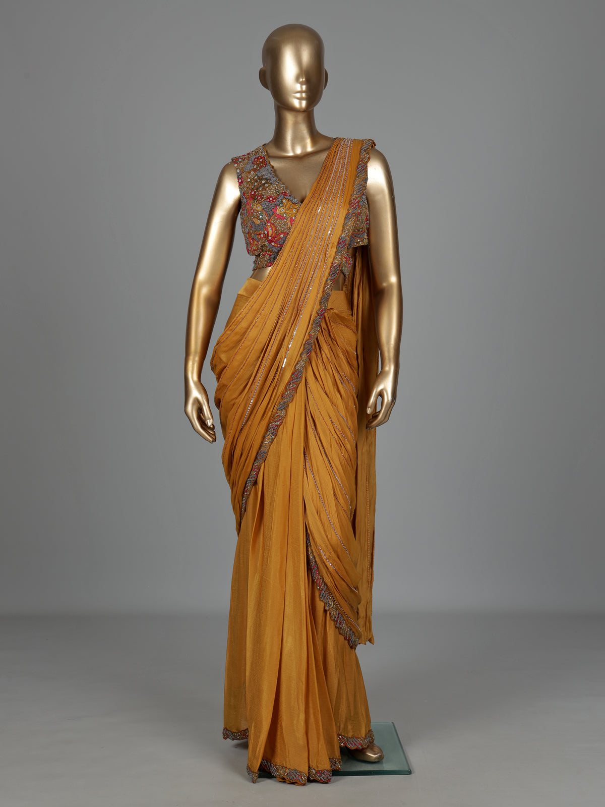 Mustard yellow sculpted drape designer women ready to wear saree