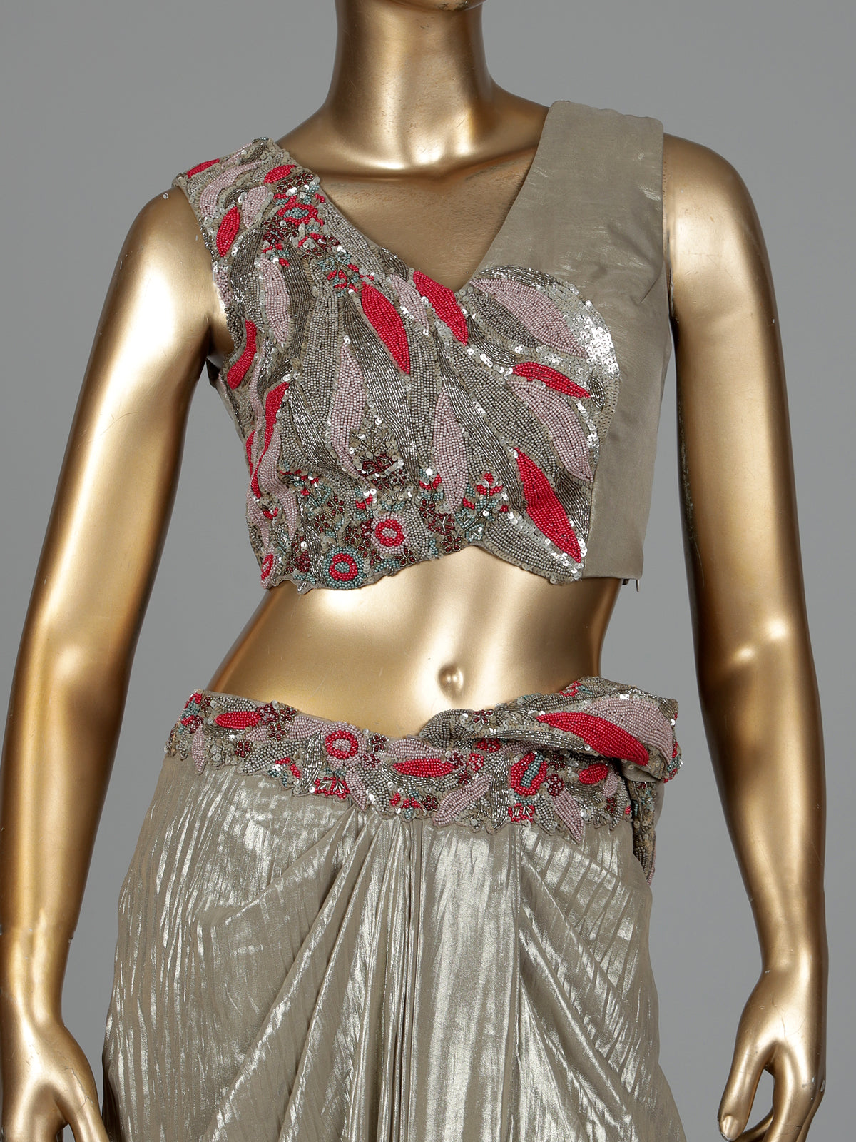 Pastel beige metallic designer women ready to wear saree