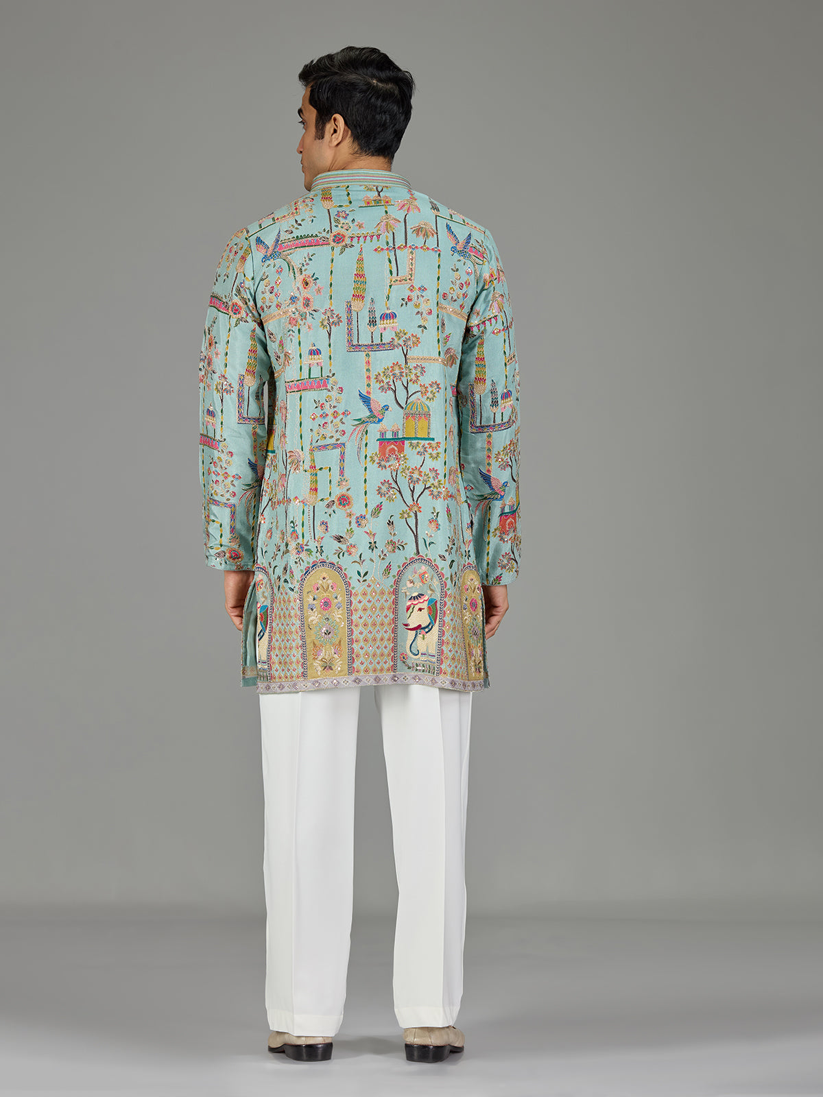 Blue heritage architecture print men kurta suit