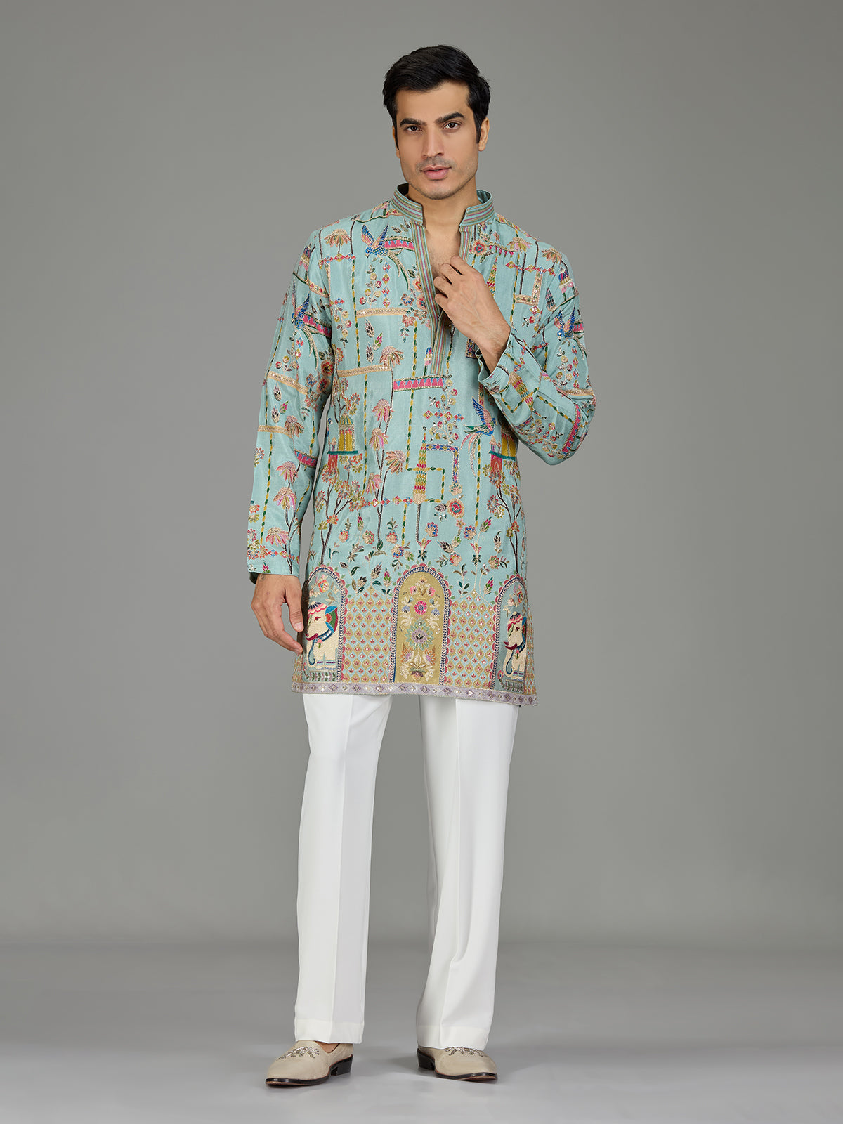 Blue heritage architecture print men kurta suit