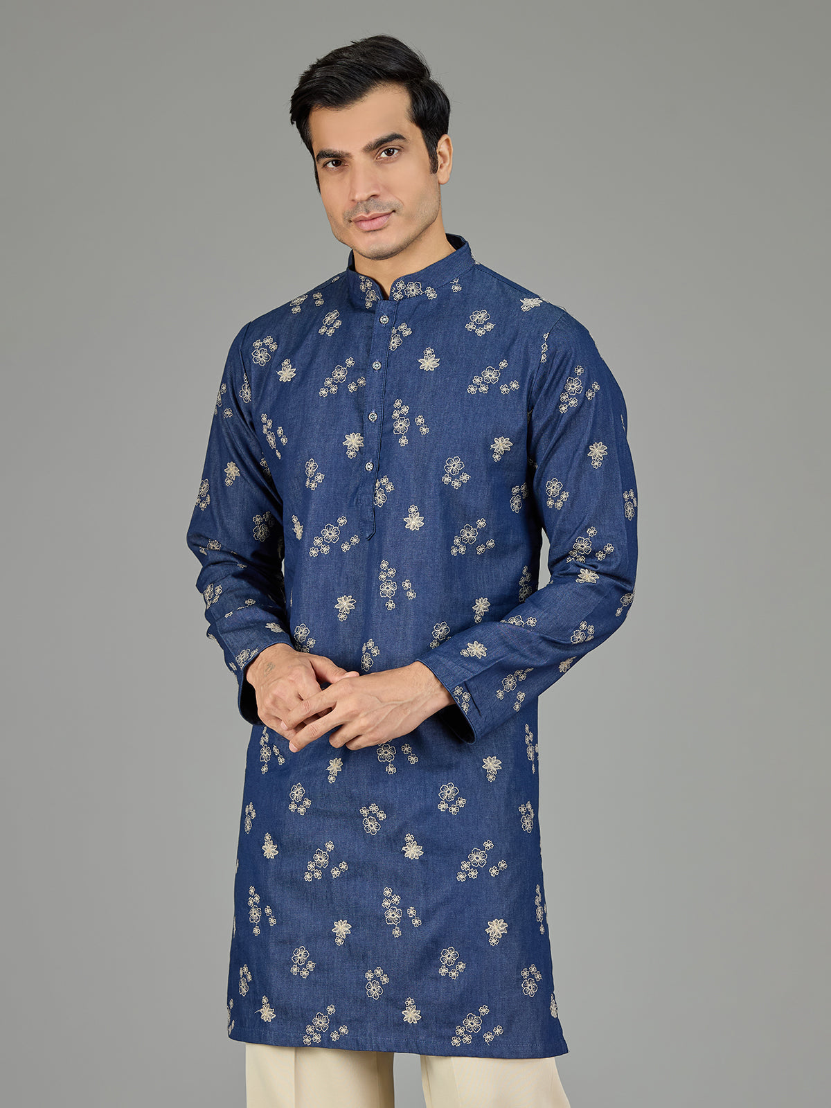 Deep indigo floral threadwork men kurta suit