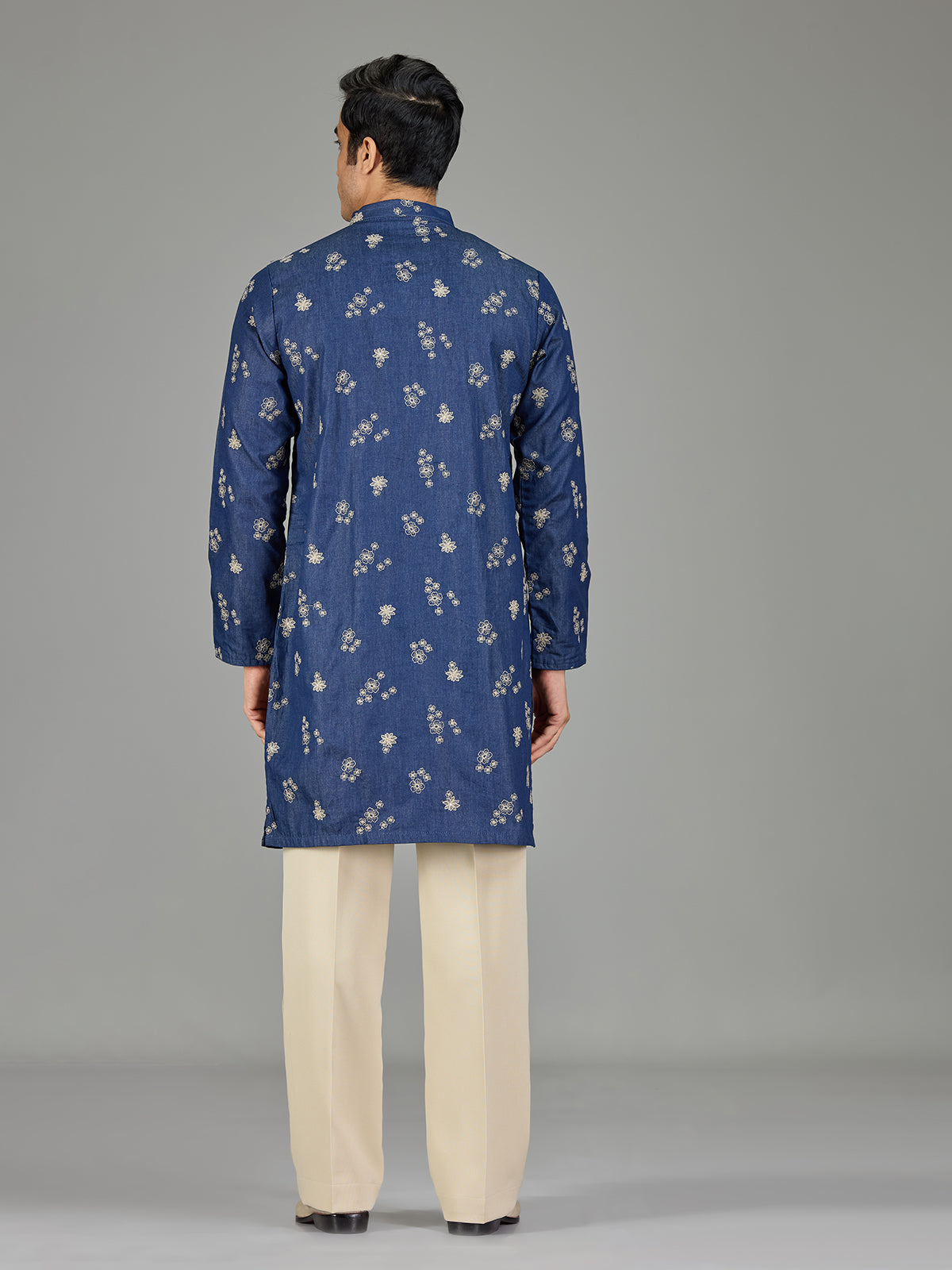 Deep indigo floral threadwork men kurta suit