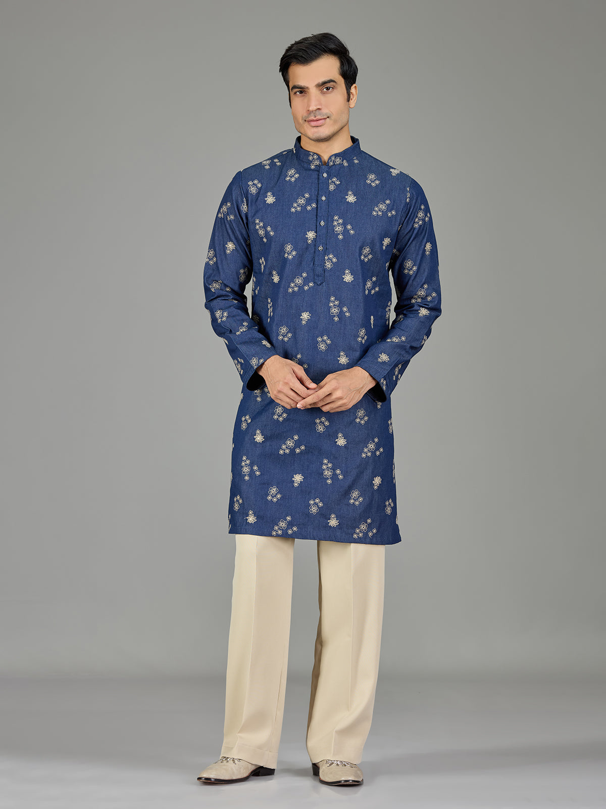 Deep indigo floral threadwork men kurta suit