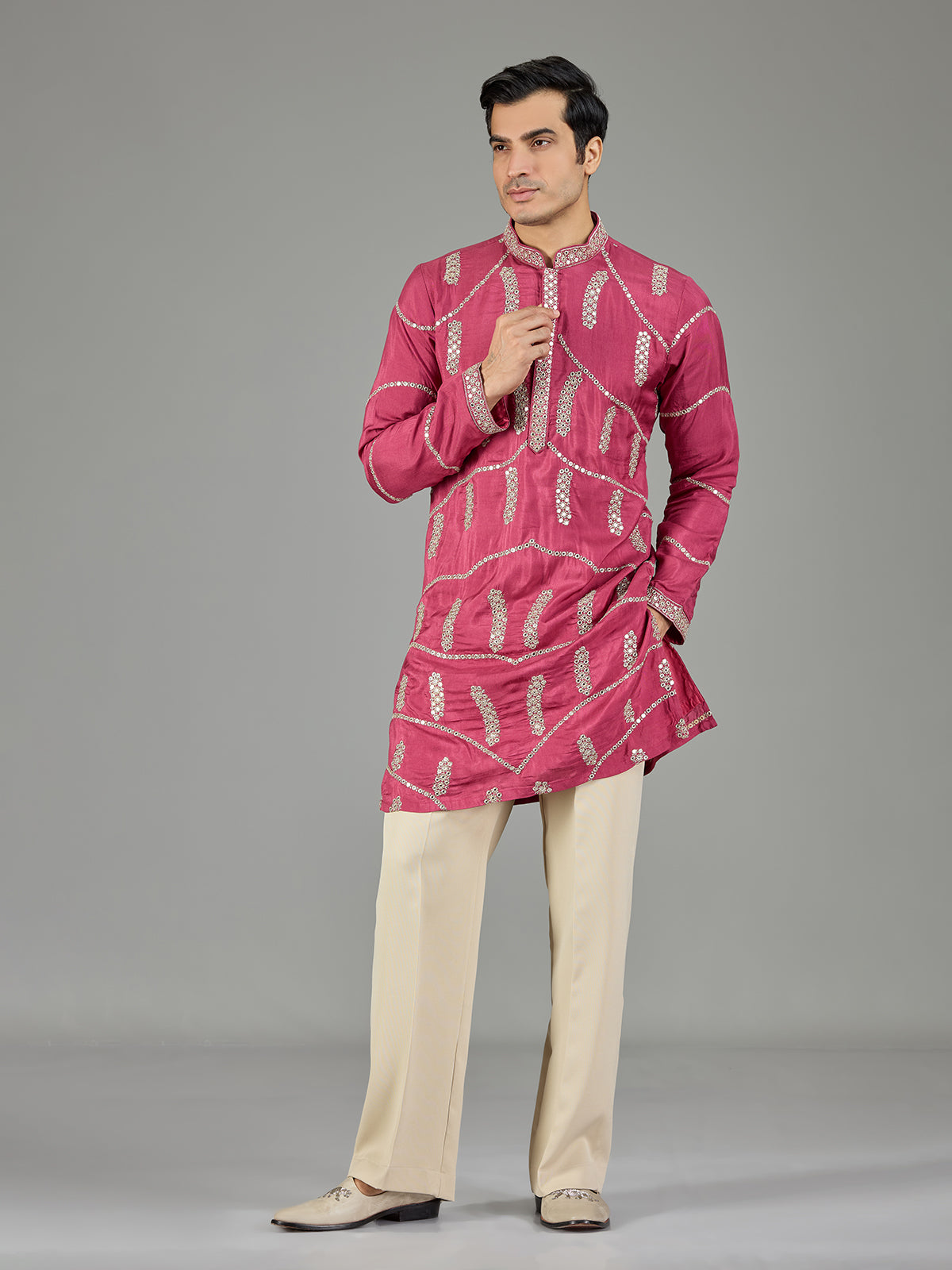 Pink gotta patti zigzag men kurta suit