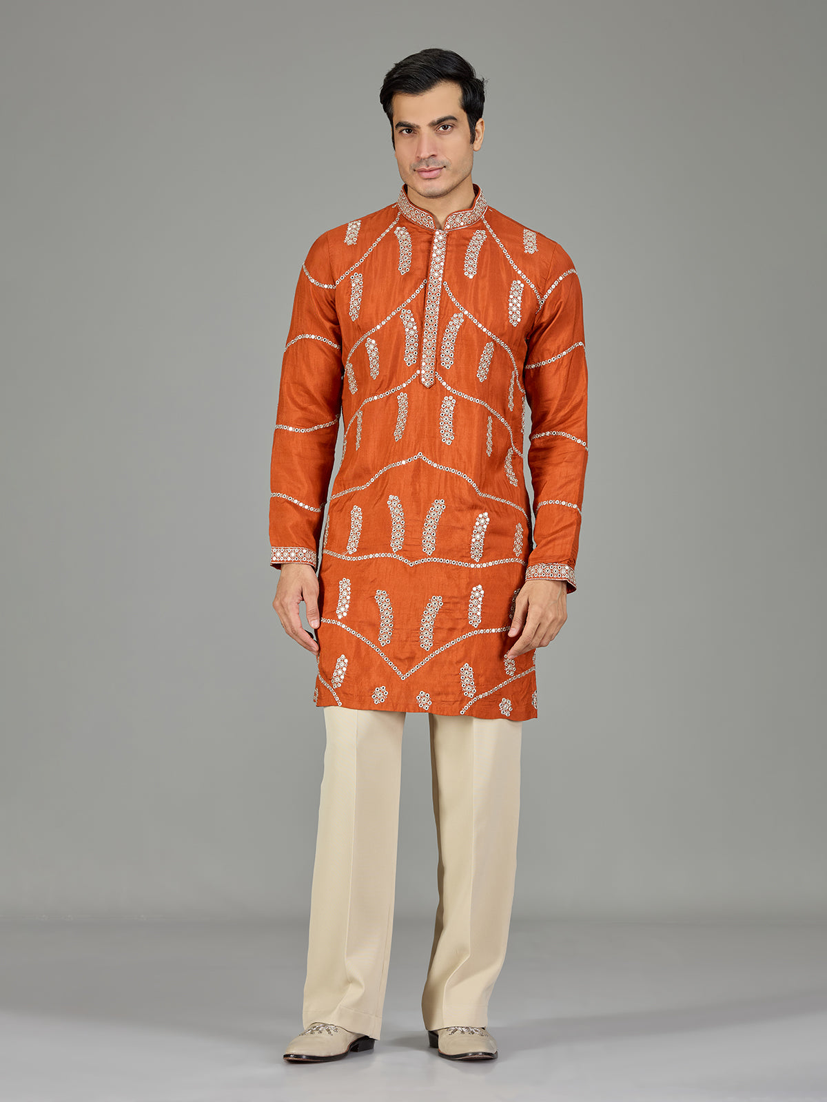 Orange gotta patti silk men kurta suit