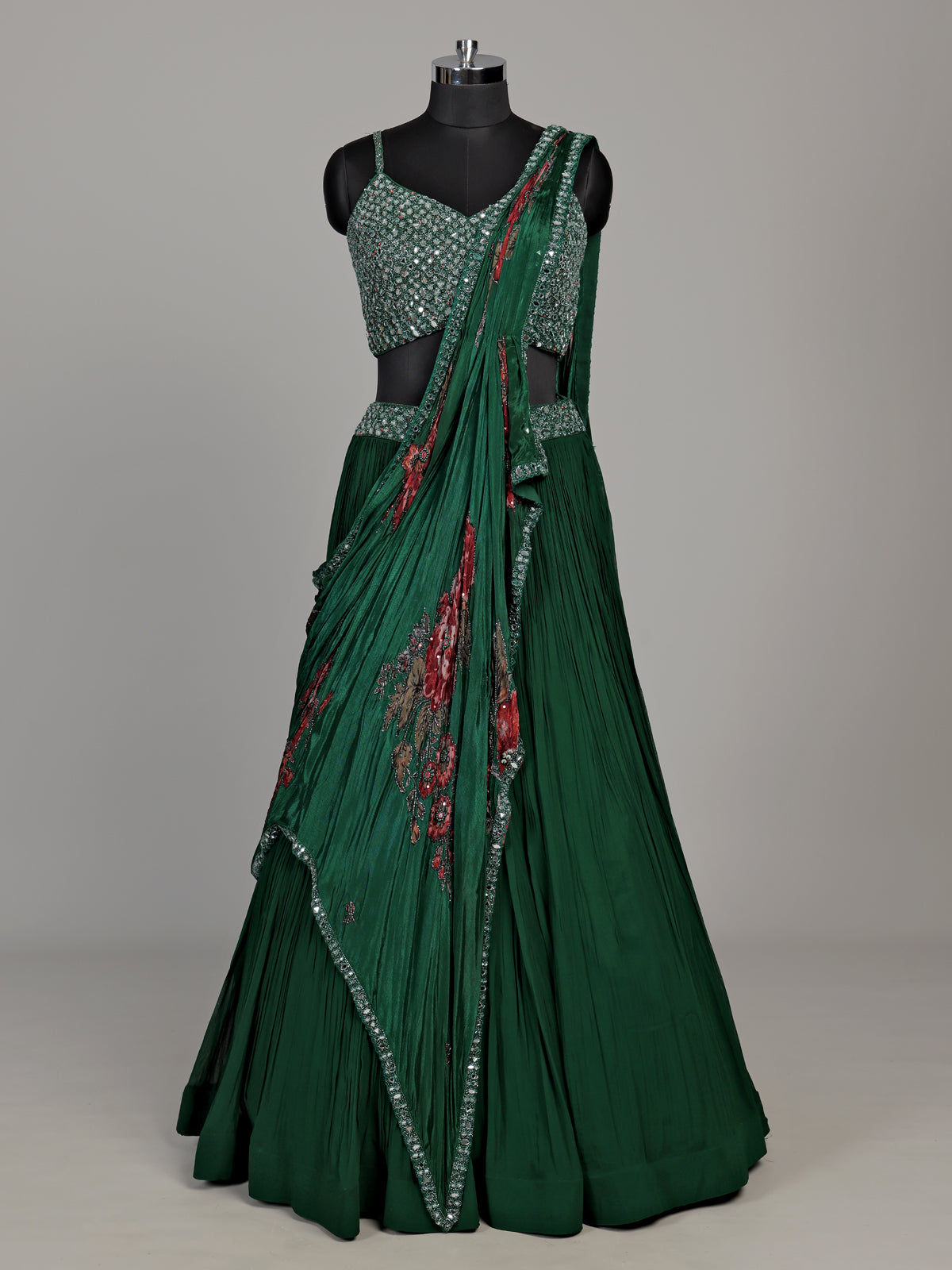 Bottle green floral drape designer women lehenga choli