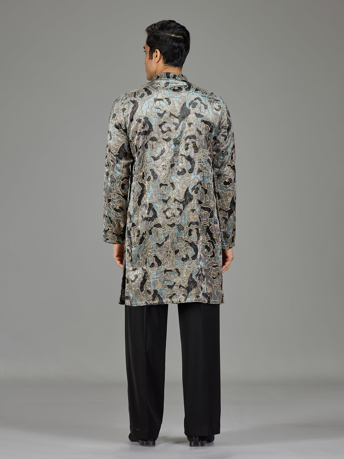 Grey velvet sequin threadwork men kurta suit