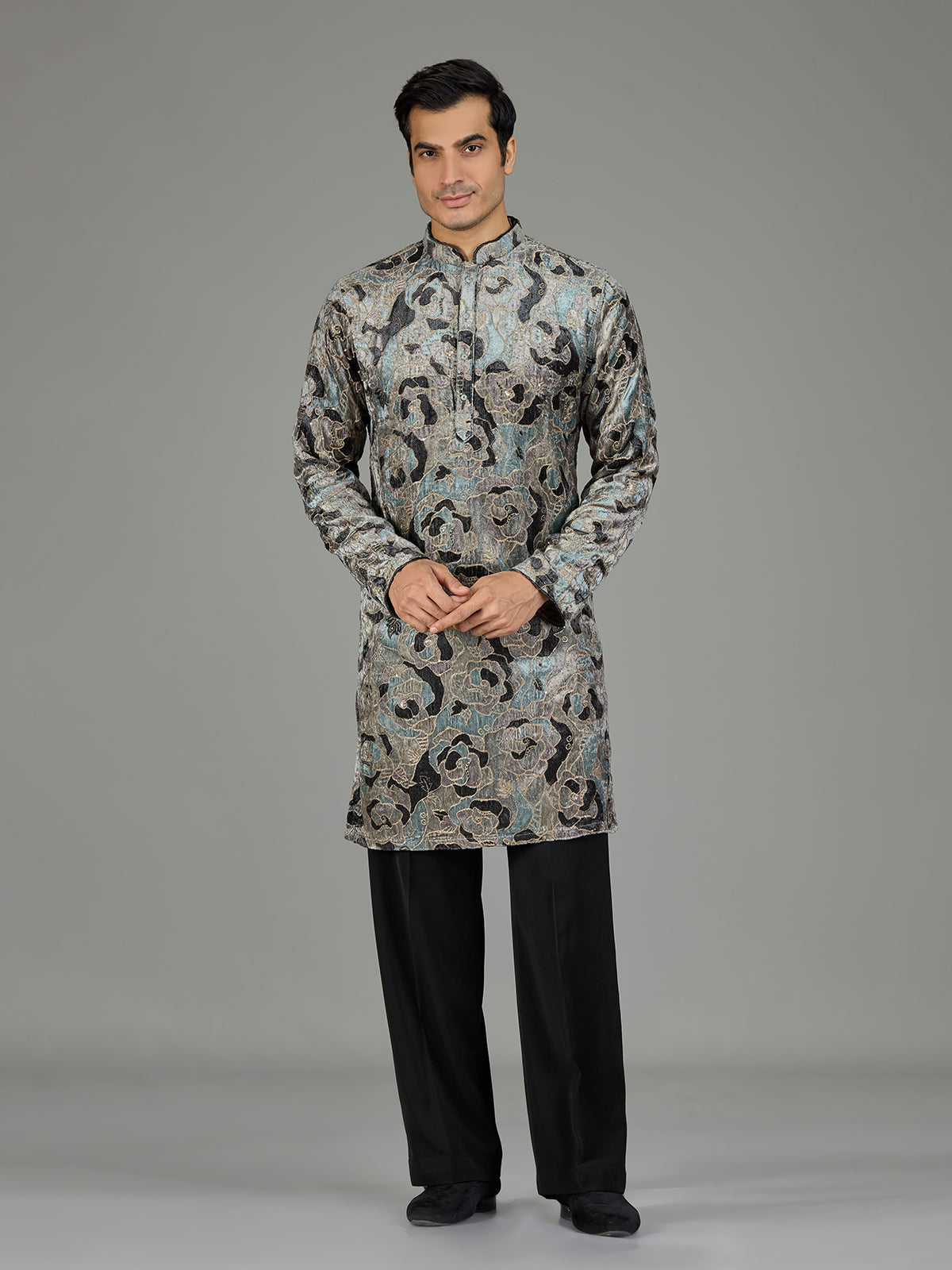 Grey velvet sequin threadwork men kurta suit