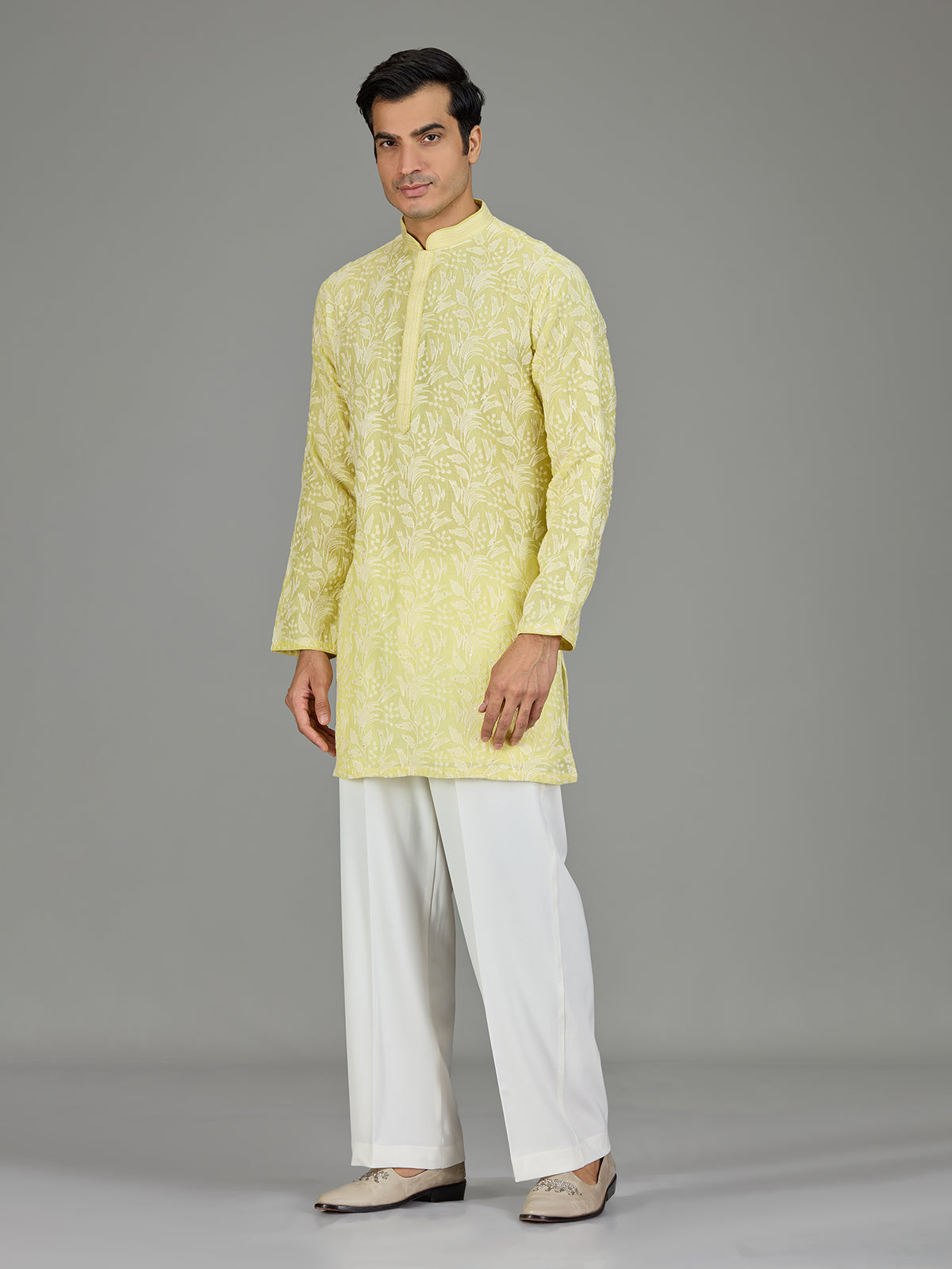 Yellow white thread botanical men kurta suit