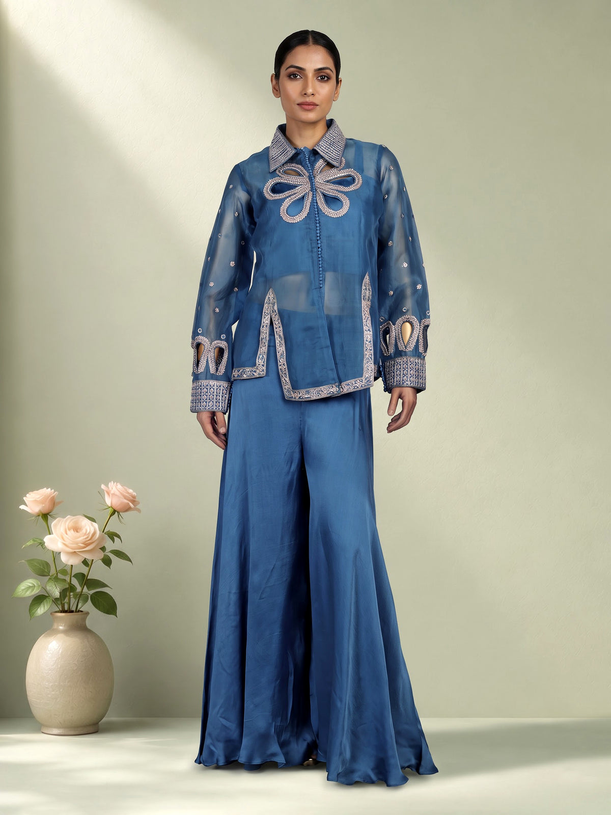 Pastel blue floral bow premium women palazzo suit