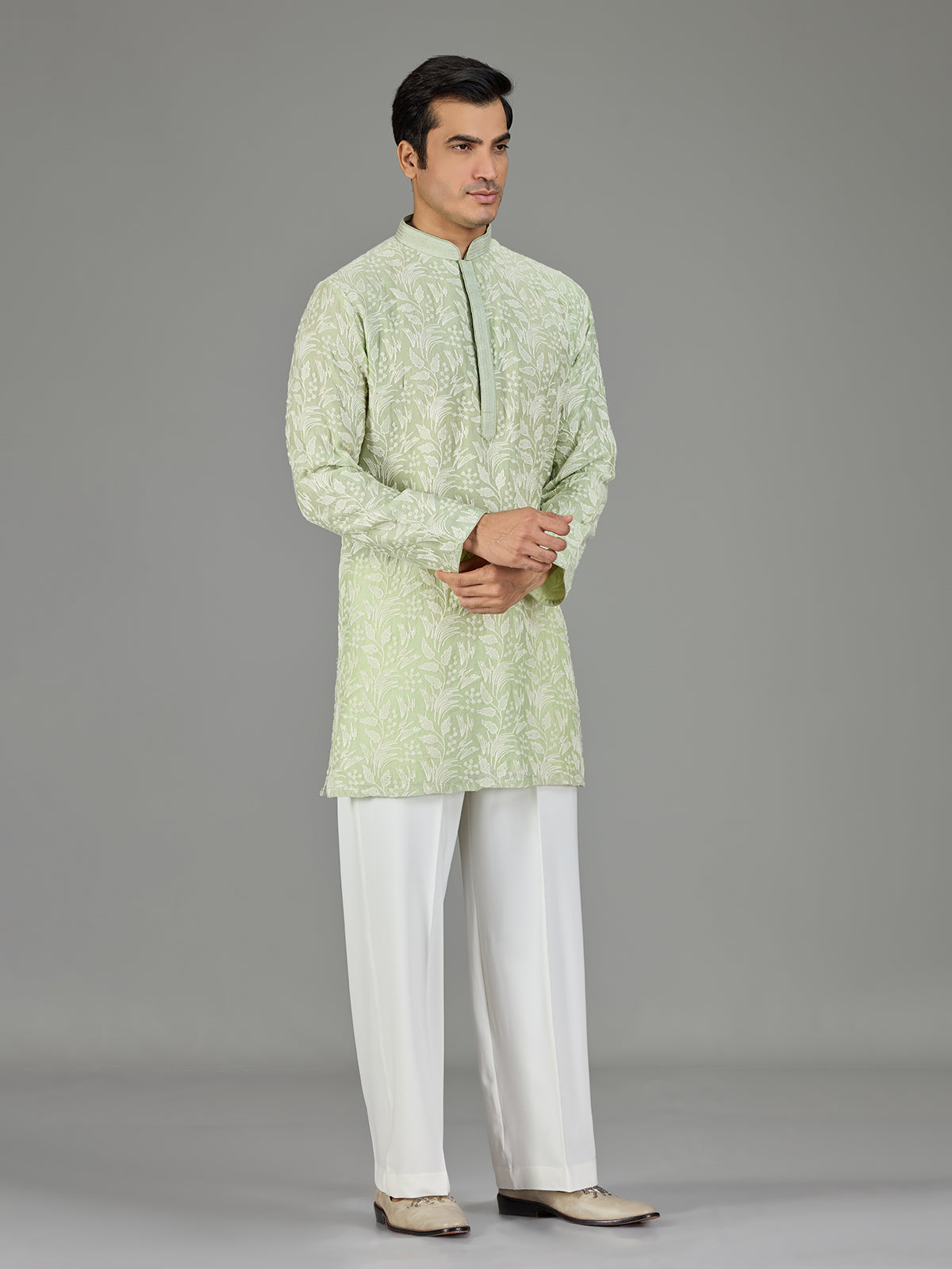 Green white botanical cotton silk blend men kurta suit