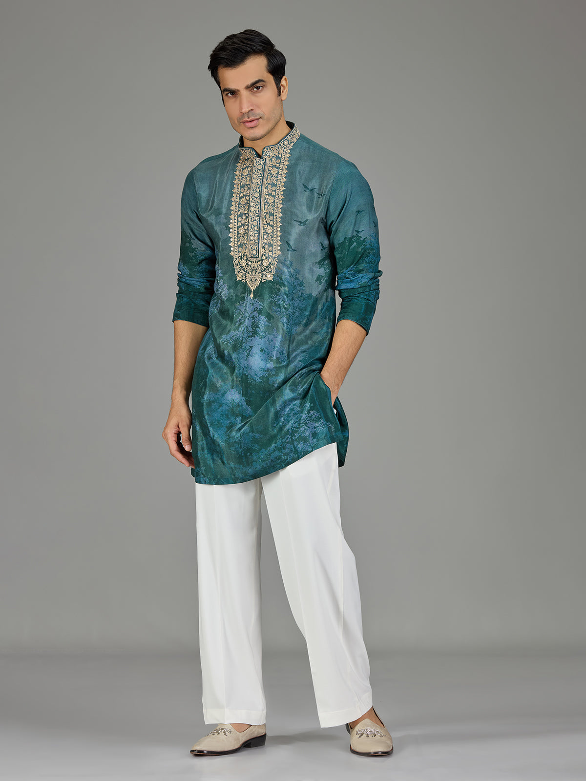 Forest green silk crepe blend royal print men kurta suit