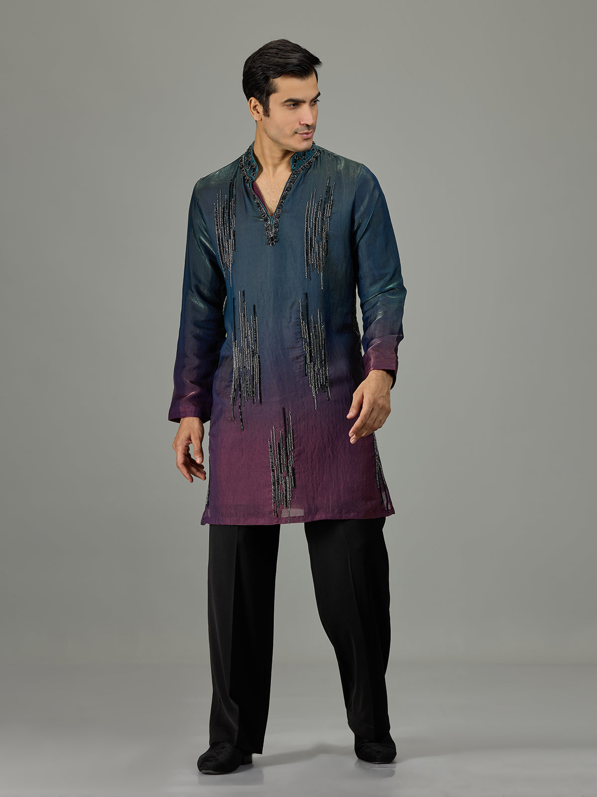 Teal purple shaded cutdana men kurta suit