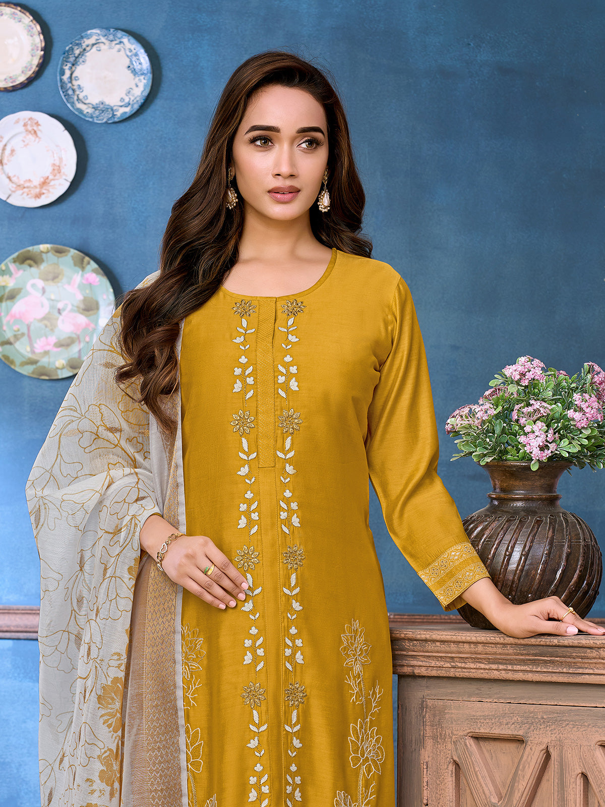 Mustard yellow cutdana women pant suit