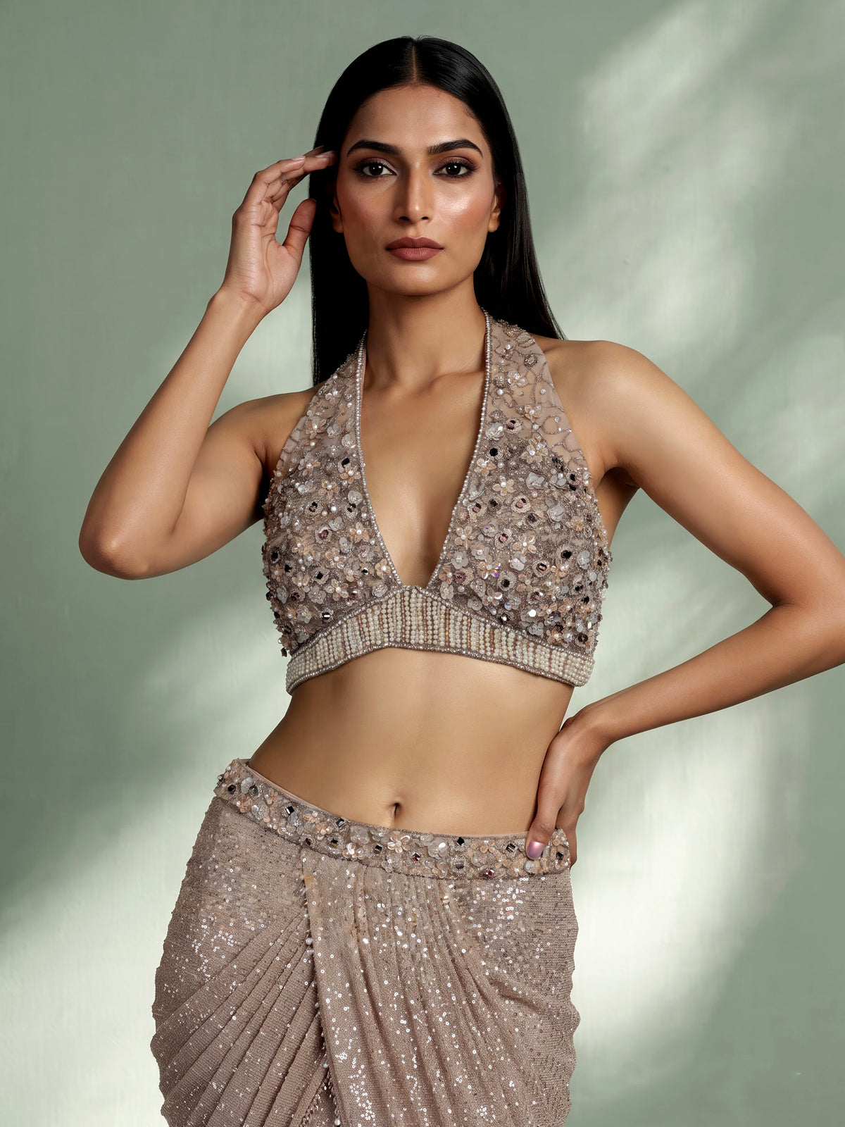 Beige sequin shimmer designer women ready to wear saree