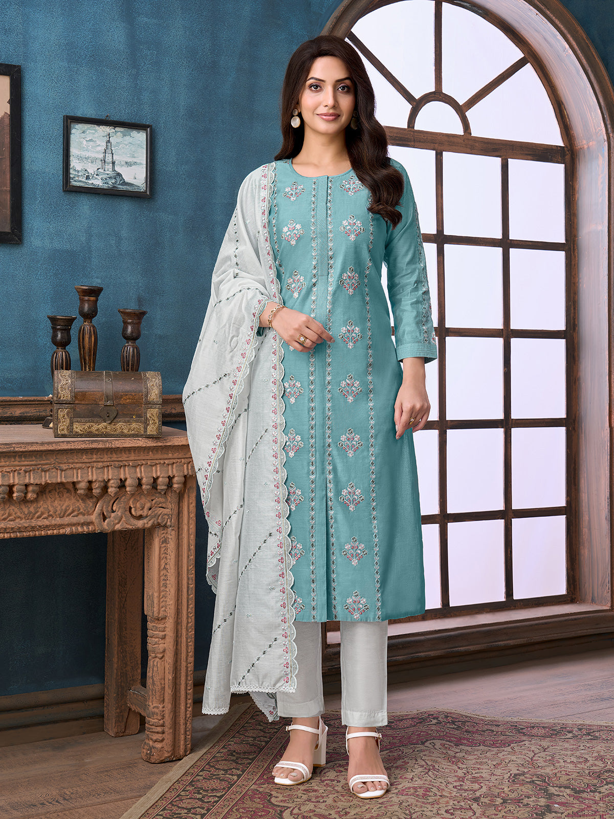 Sky blue shimmer thread women pant suit