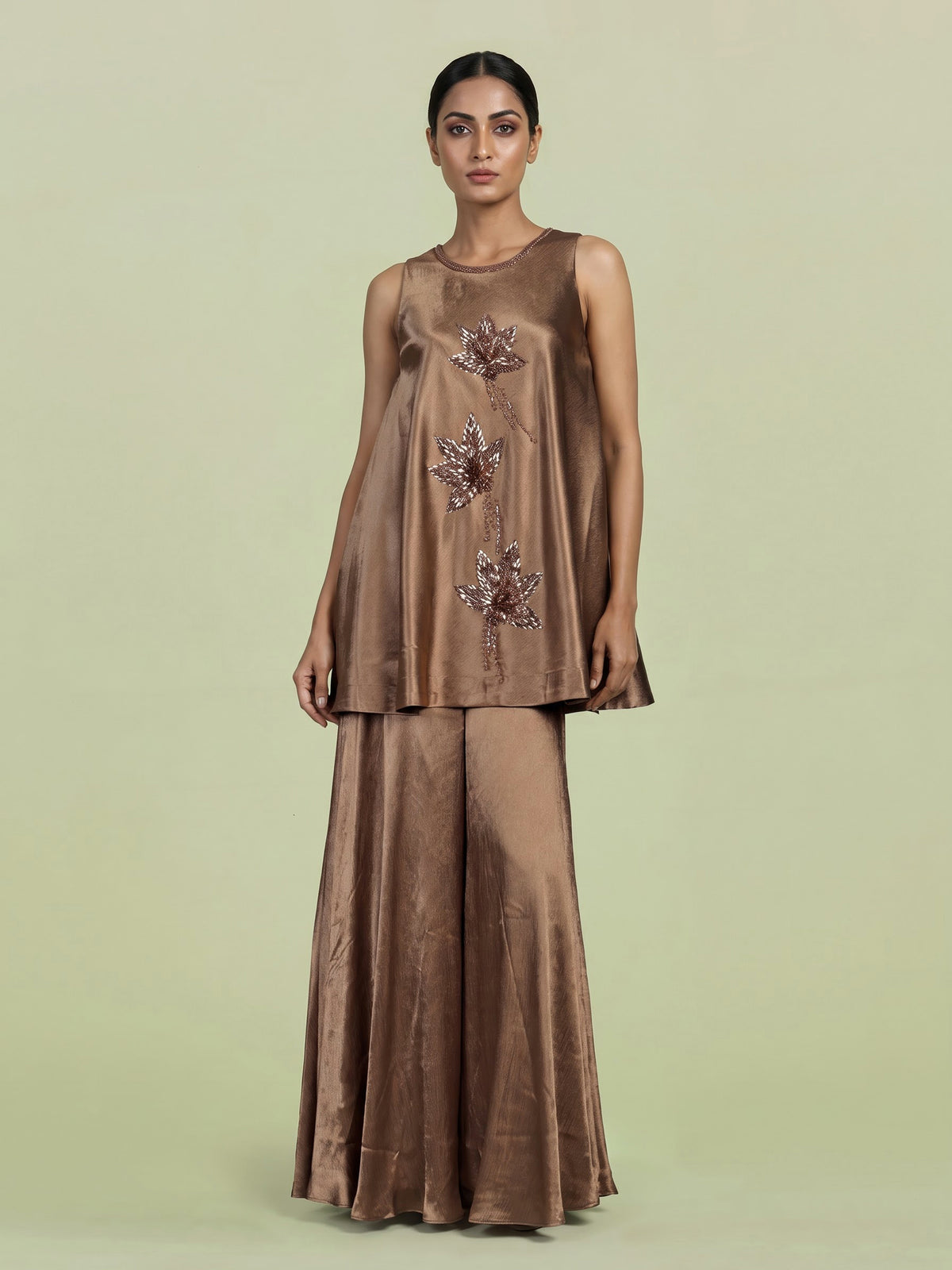 Brown floral satin silk women palazzo suit