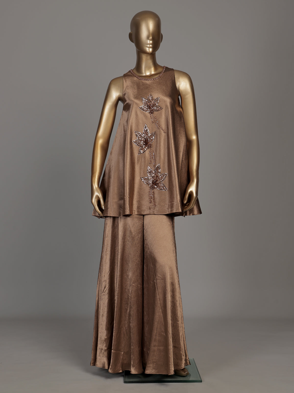Brown floral satin silk women palazzo suit
