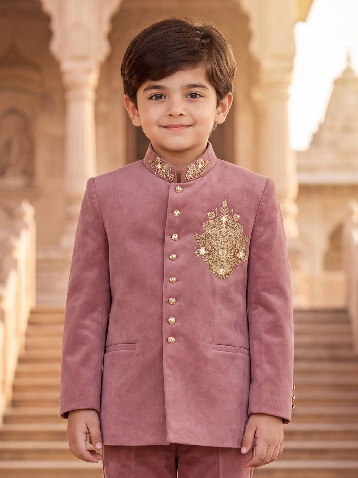 Onion pink royal velvet boys jodhpuri suit