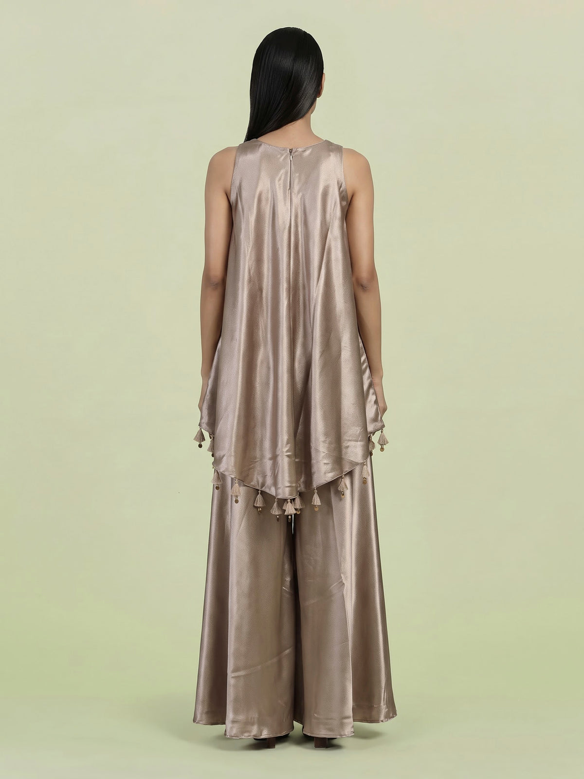 Beige satin silk embroidered women palazzo suit