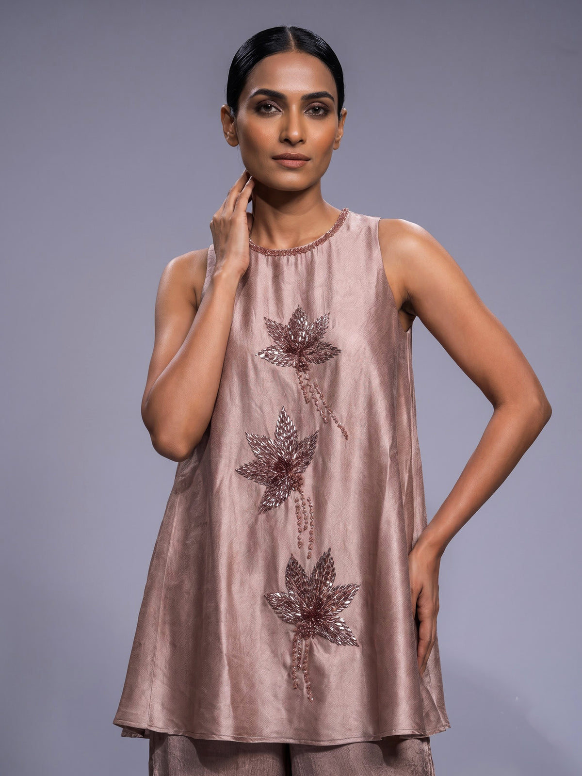 Pink botanical applique designer women palazzo suit