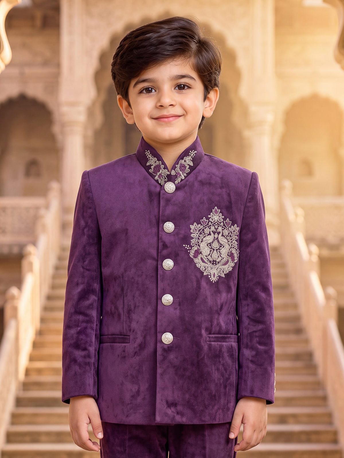 Purple dual peacock crest boys jodhpuri suit