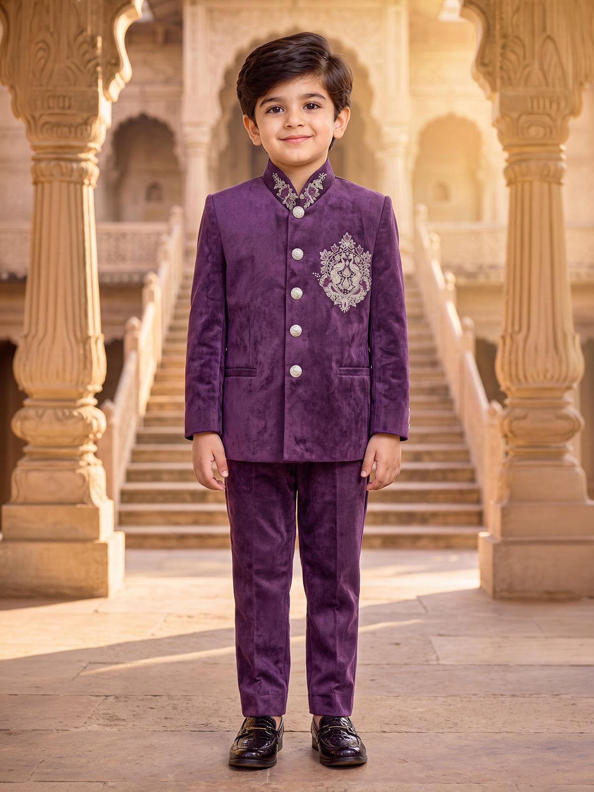 Purple dual peacock crest boys jodhpuri suit