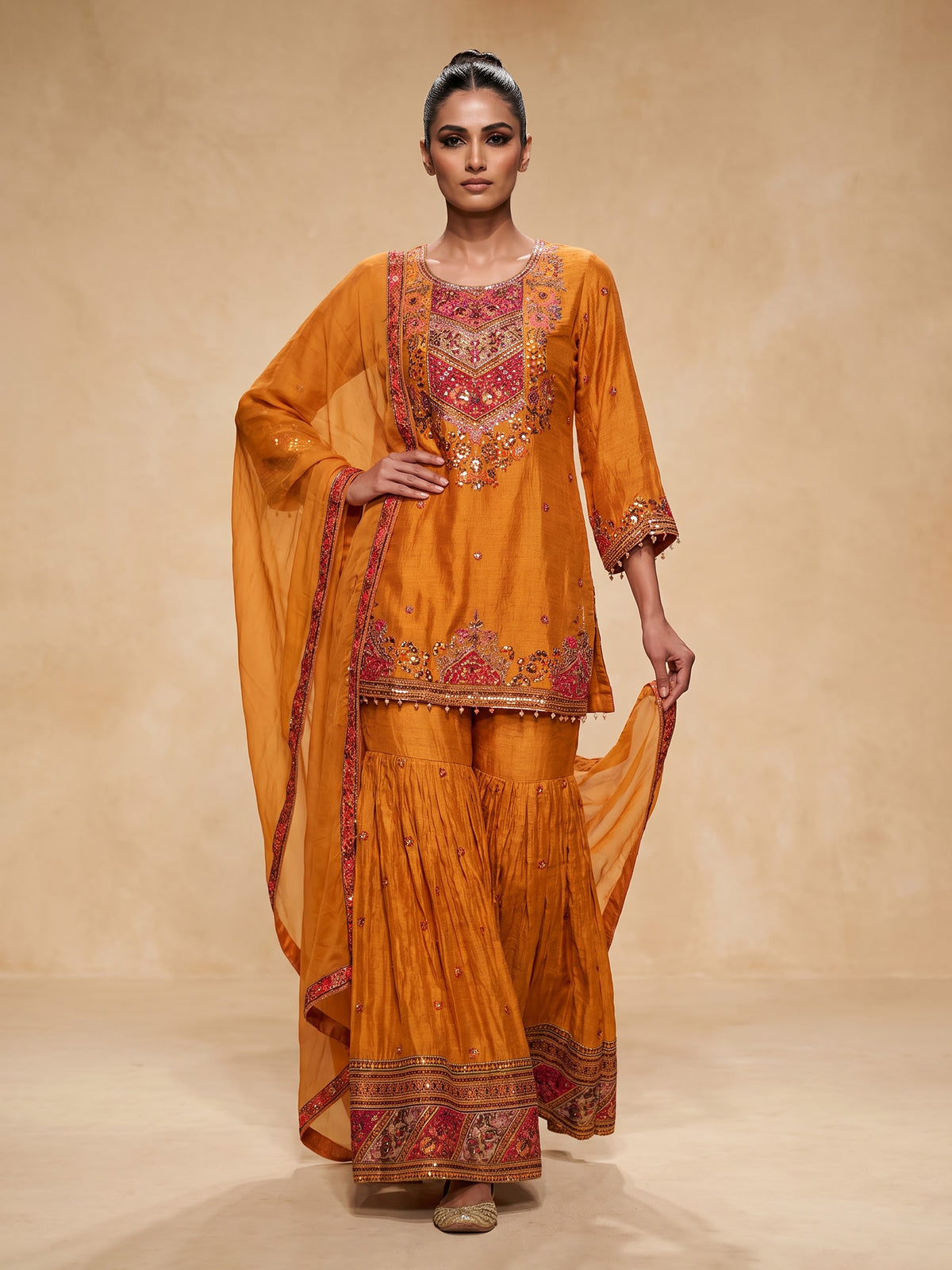 Mustard yellow heritage print women sharara set