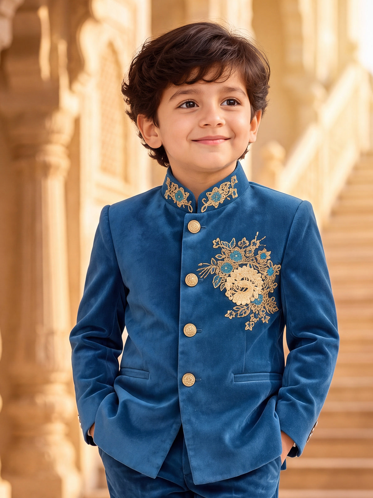 Teal blue antique botanical boys jodhpuri suit