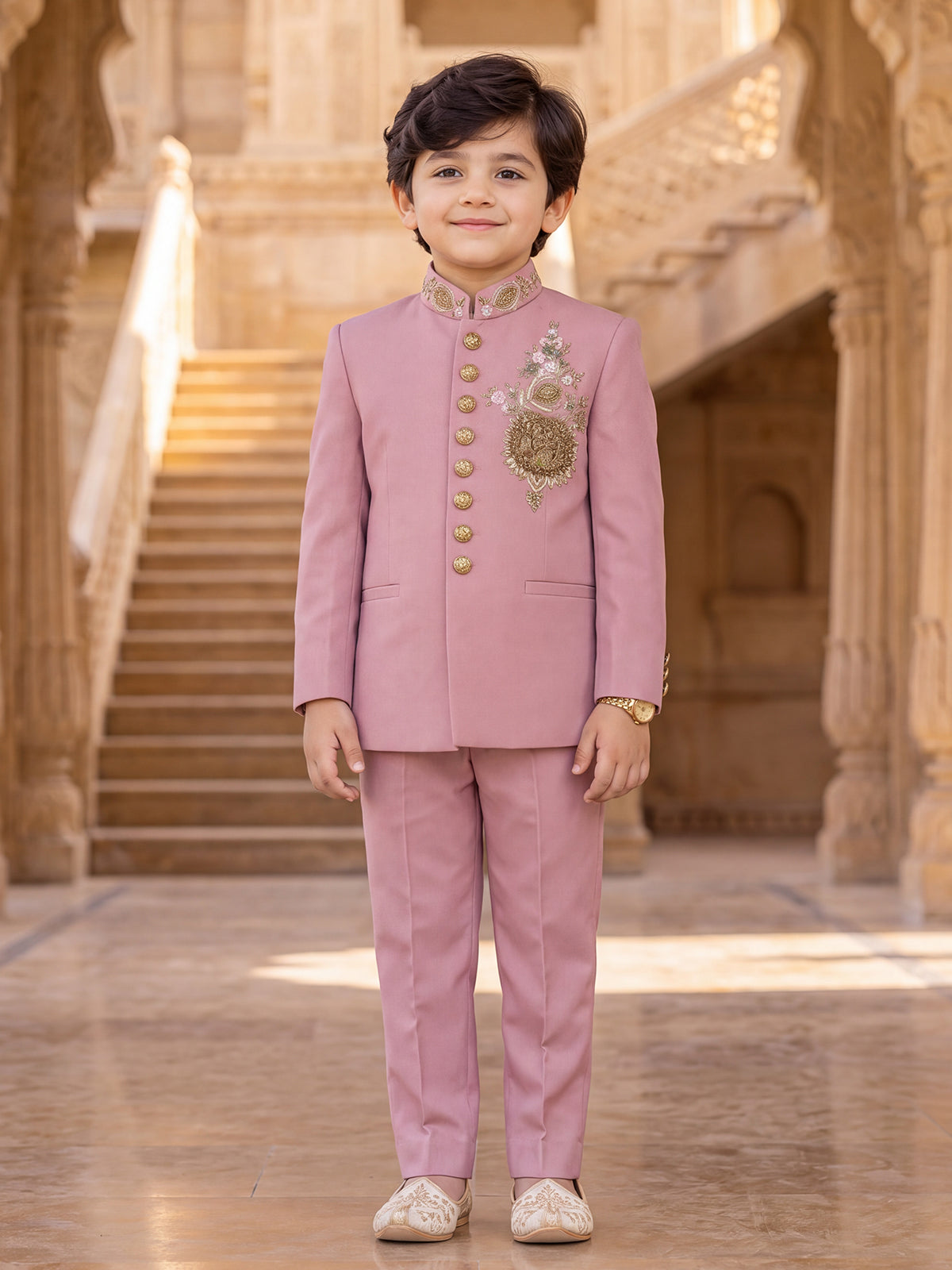 Pink heritage crest boys jodhpuri suit