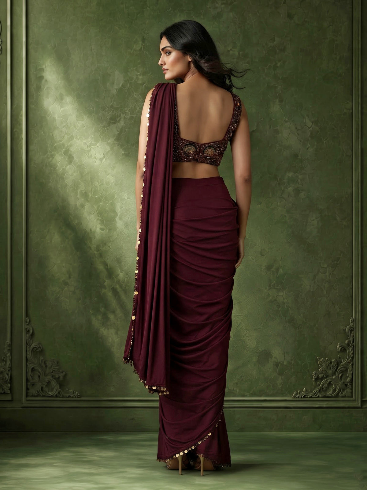 Wine metallic coin border designer women ready to wear saree