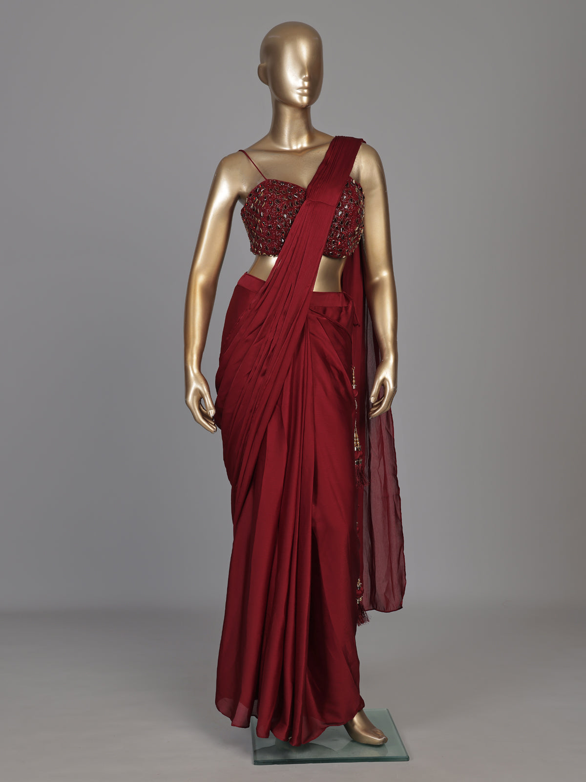 Red tassel accent designer women ready to wear saree