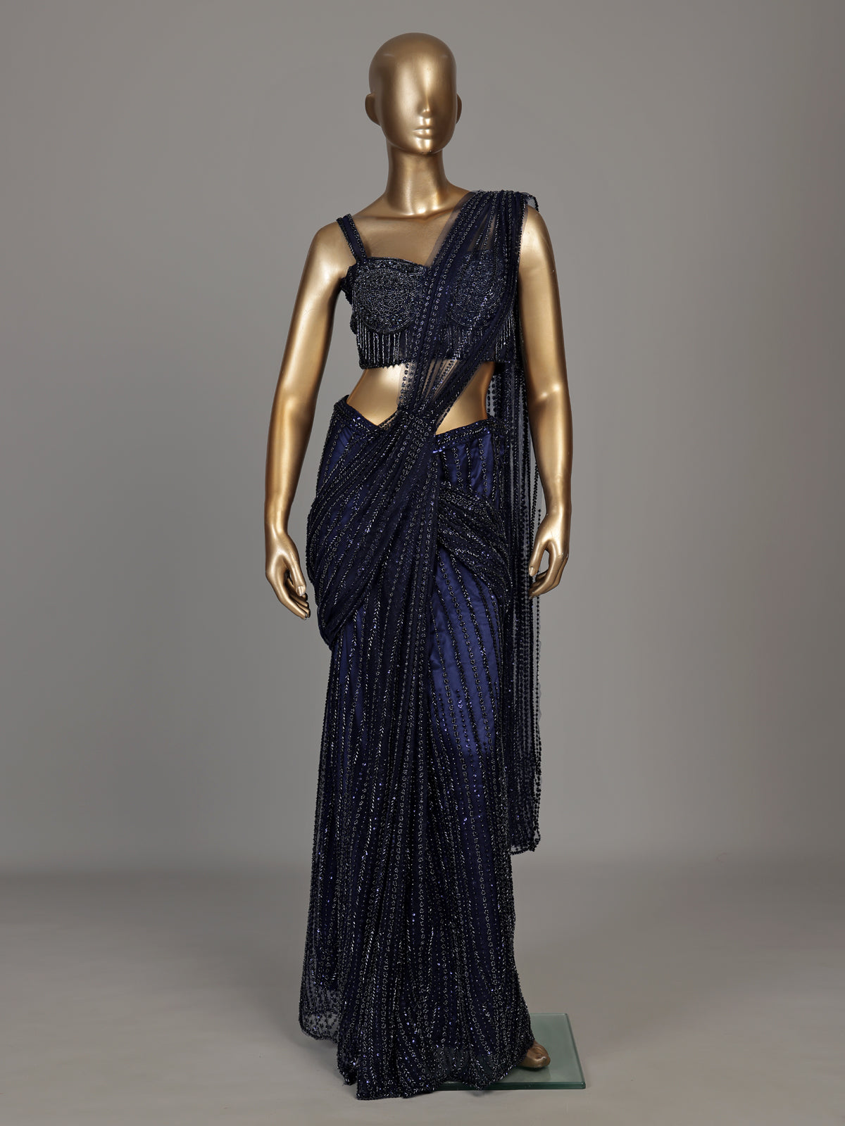 Blue crystal fringe designer women ready to wear saree