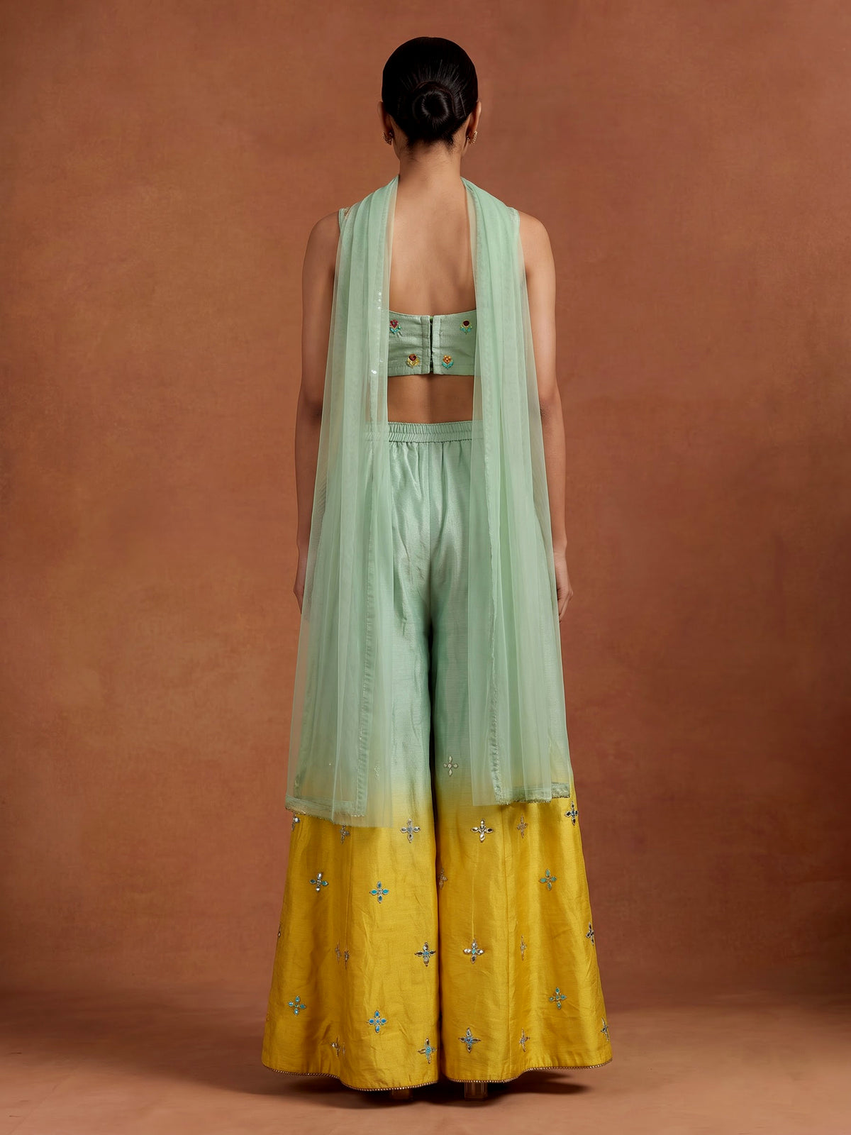 Pista green geometric women palazzo suit