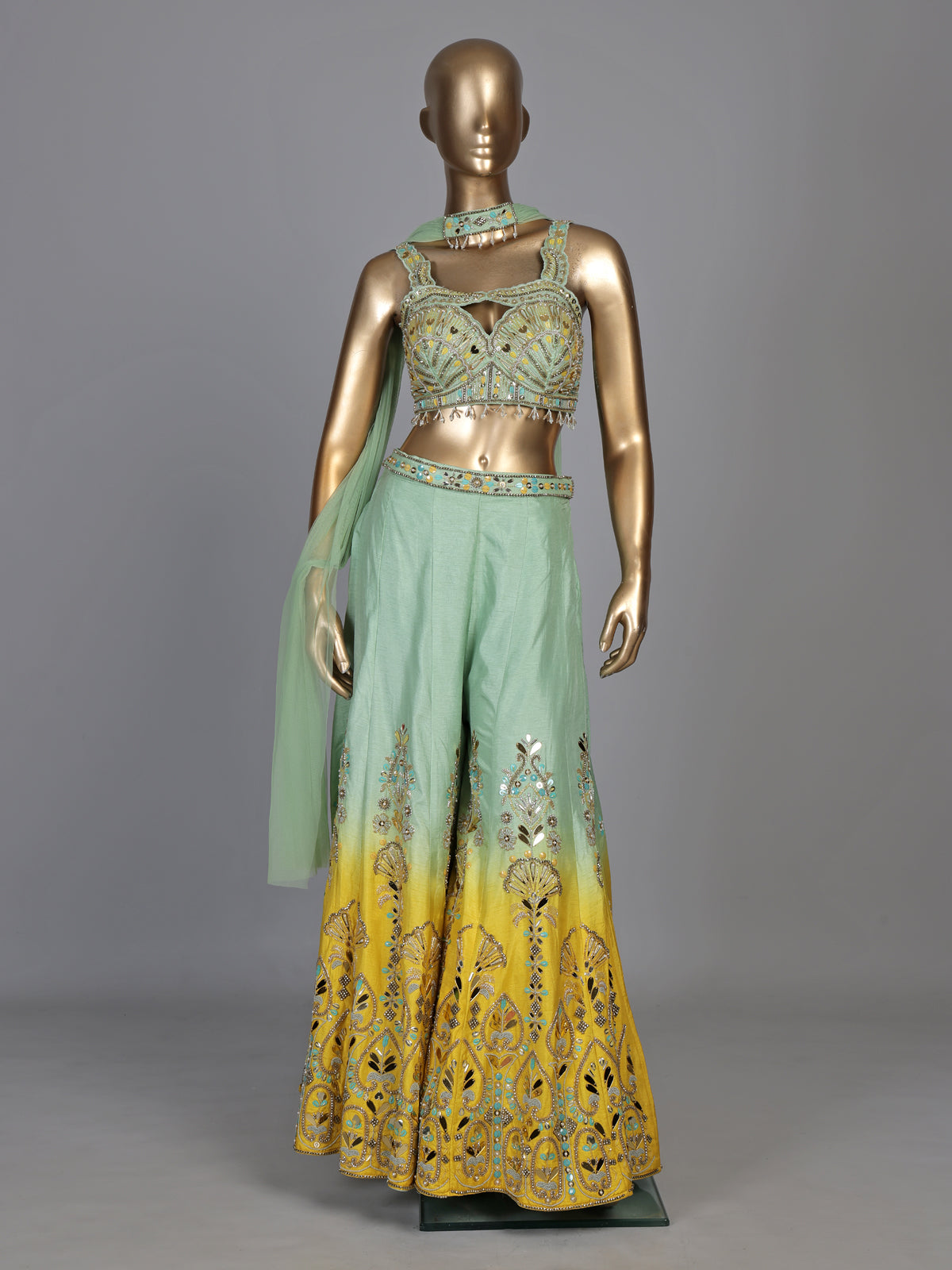 Pista green geometric women palazzo suit