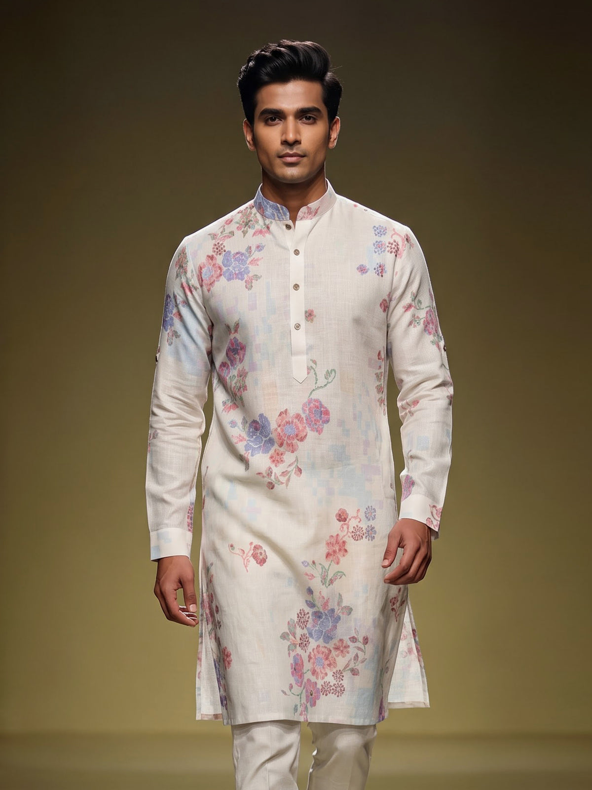 Off white floral printed linen kurta with mandarin collar