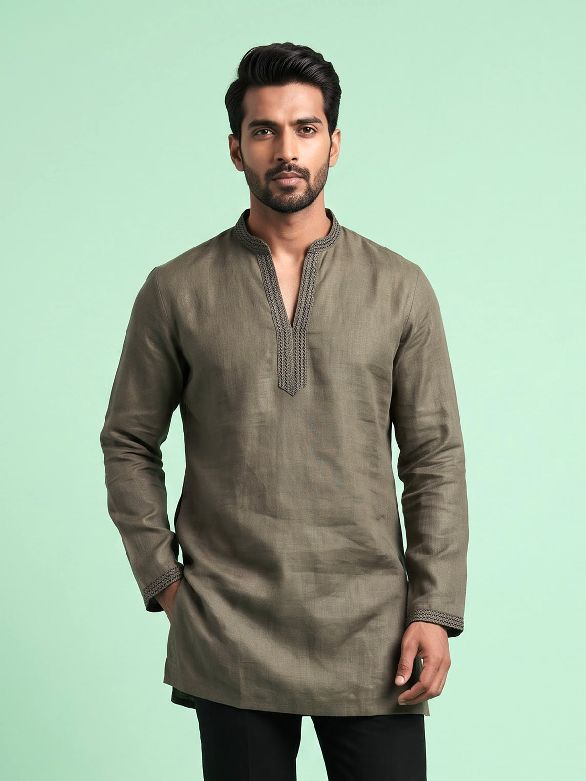 Mehendi green linen short kurta with mandarin collar