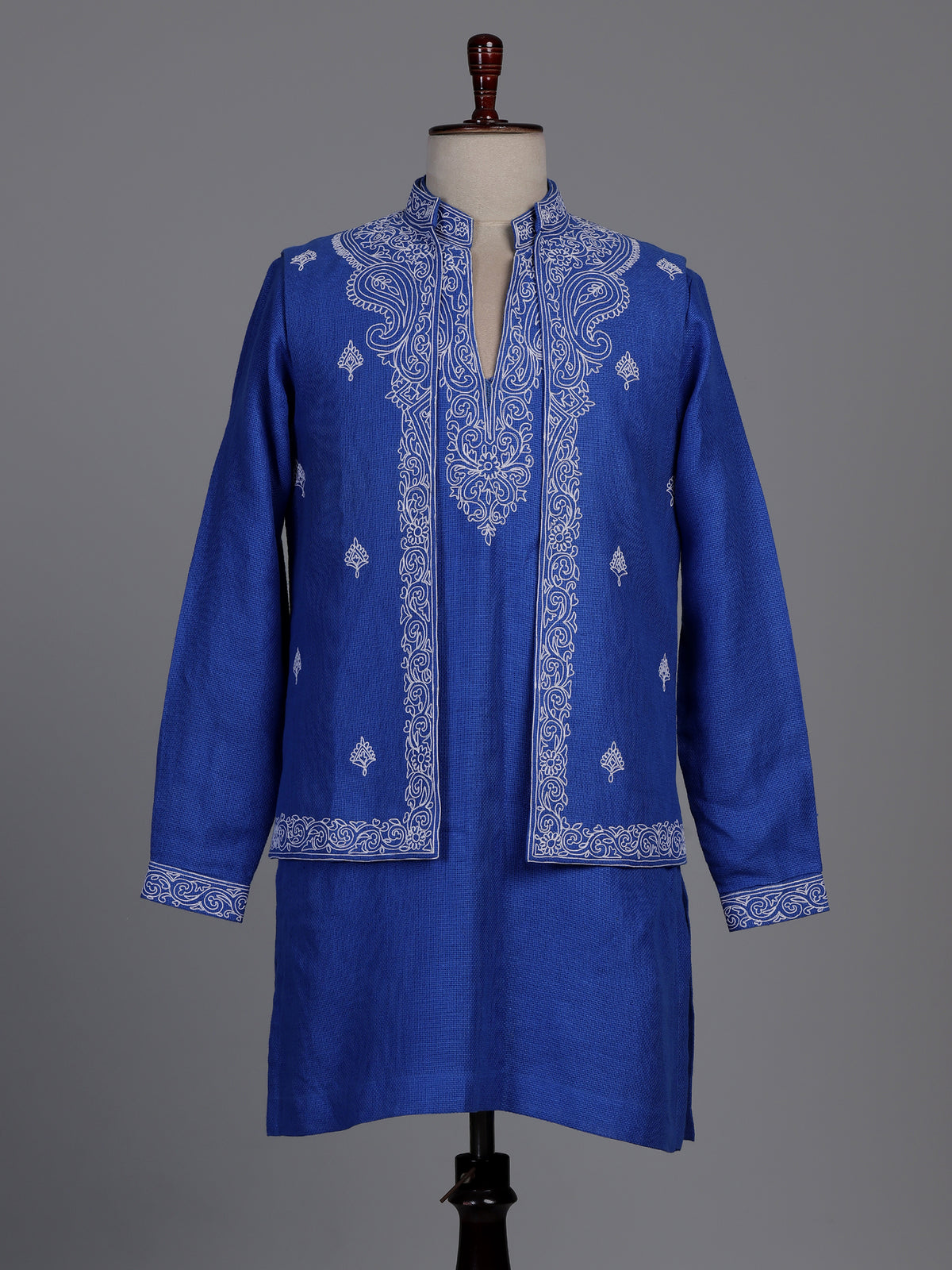 Blue embroidered jute waistcoat set